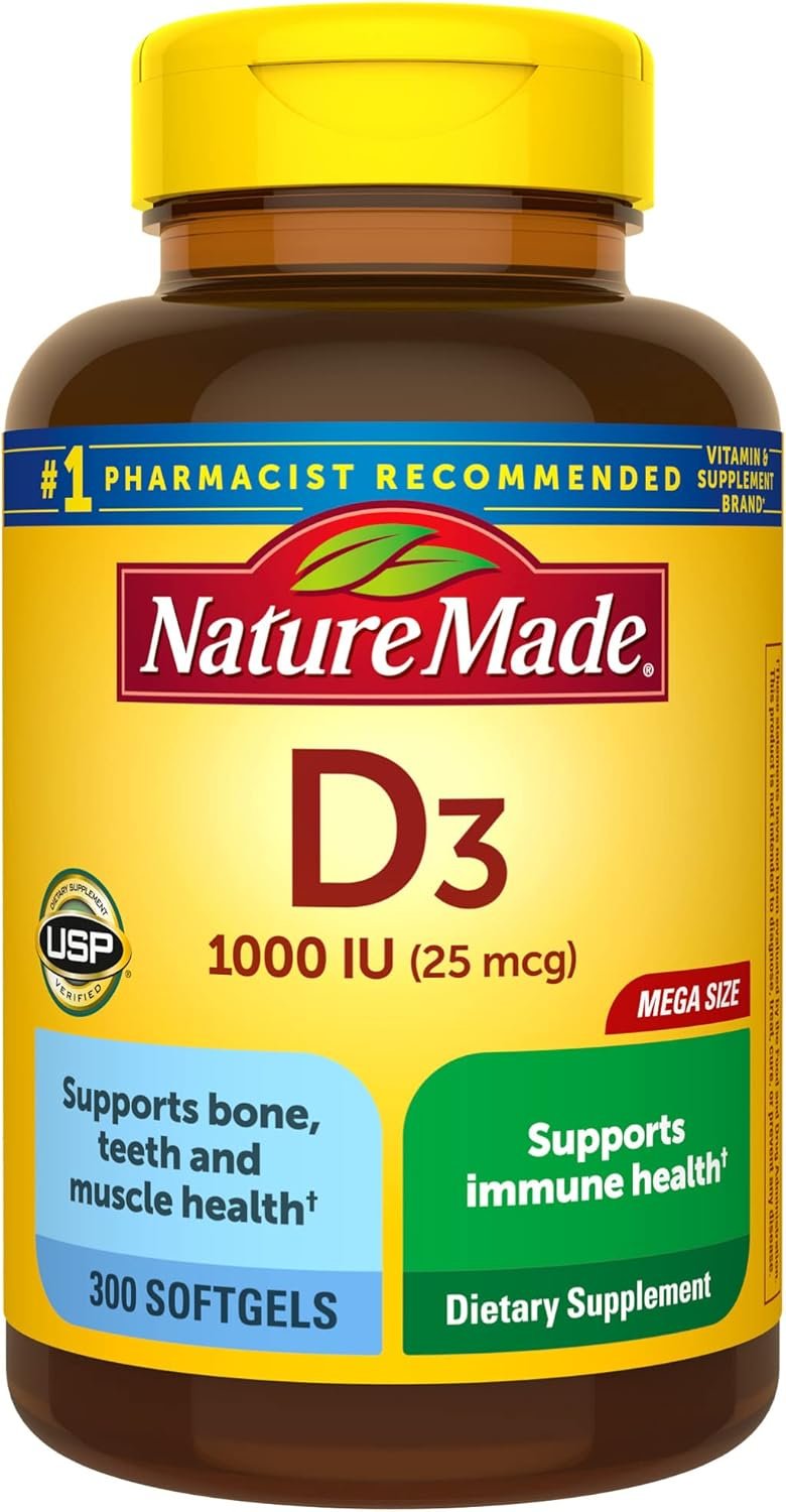Nature Made Vitamin D3 1000 IU (25 mcg), Vitamin D Supplement for Bone, Teeth, Muscle and Immune Health Support, 300 Softgels, 300 Day Supply