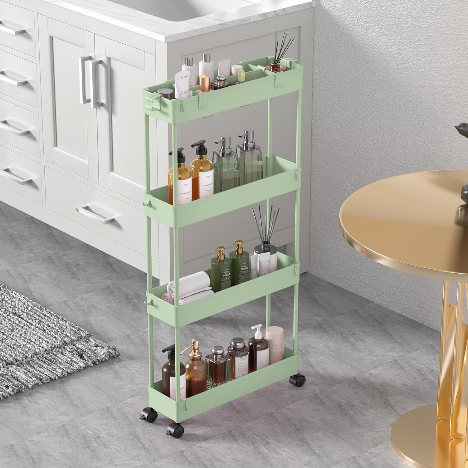SPACELEAD Slim Storage Cart 4 Tier,Bathroom Organizer Rolling Utility,Mobile Shelving Unit Slide Out for Office, Kitchen, Laundry Room & Narrow Places，Green