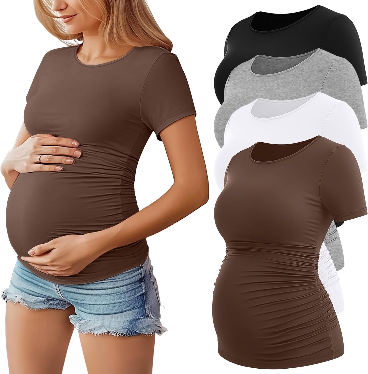 Huukeay 4 Pack Women’s Maternity Shirts, Crew Neck Maternity Top Short Sleeve Casual Cotton Tee Side Ruched Pregnancy Clothes