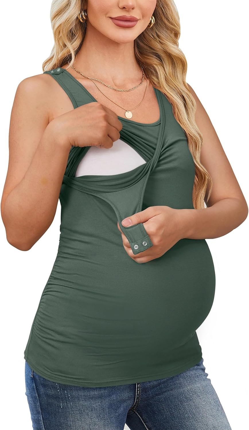 OUGES 2025 Womens Maternity Nursing Tank Tops Summer Scoop Neck Ruched Side Sleeveless Maternity Shirts Pregnancy Clothes