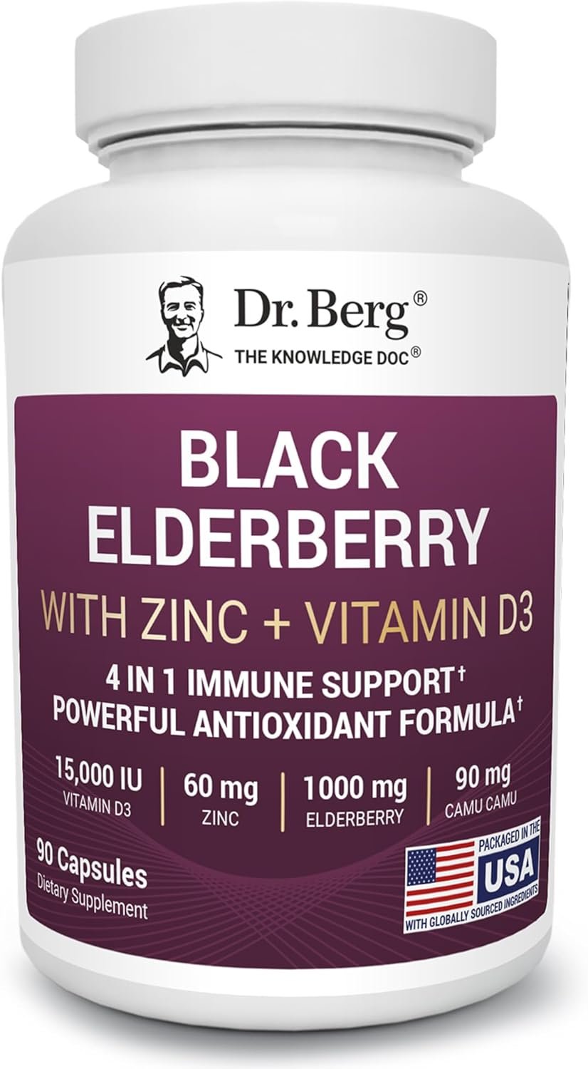 Dr. Berg Black Elderberry Capsules (Advanced Immune Support*) with 15,000 IU Vitamin D, 60 mg of Zinc, & 90 mg of Camu Camu – (4-in-1) Sambucus Elderberry Immune Support Supplement – 90 Capsules