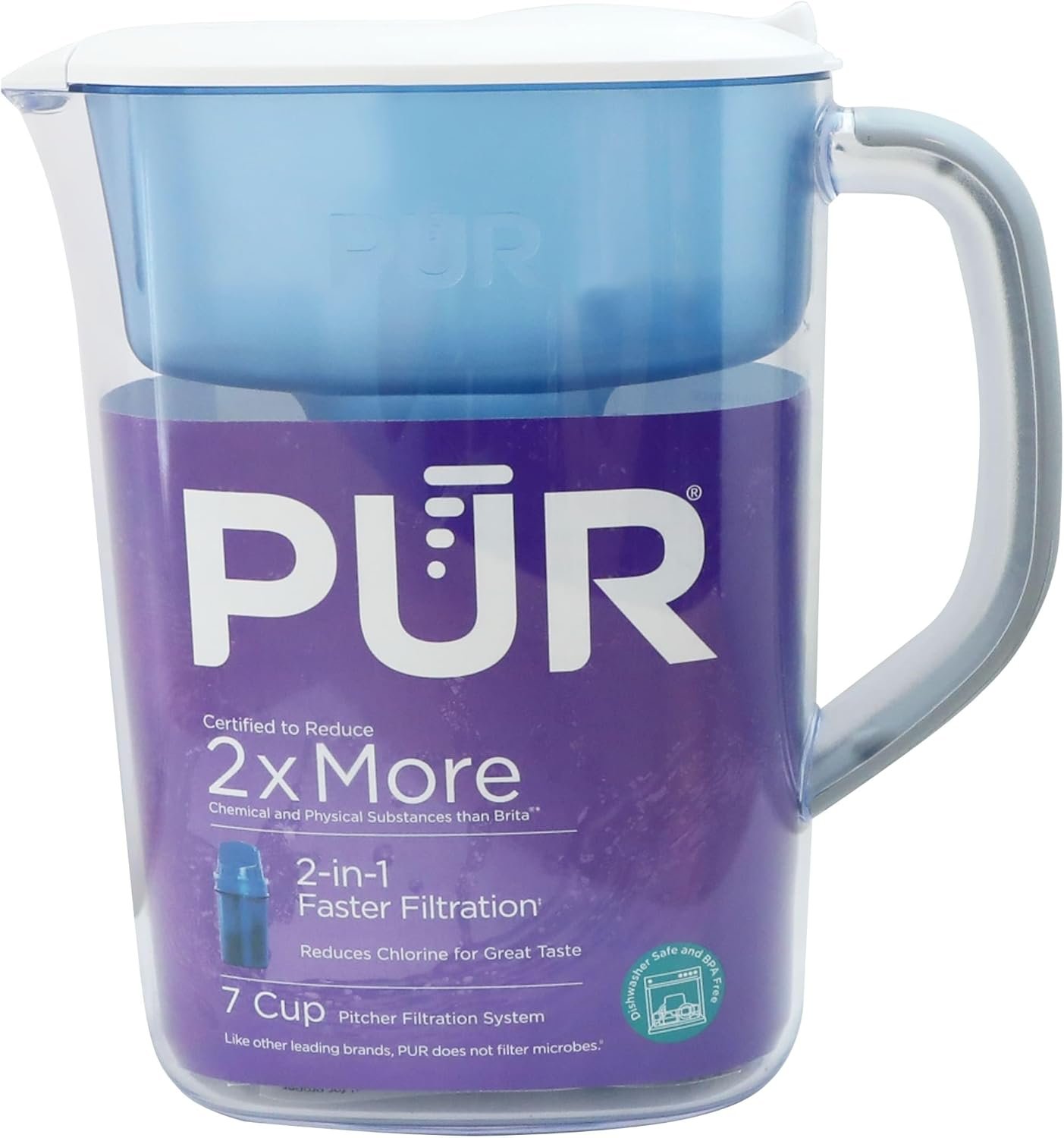 PUR 7-Cup Water Filter Pitcher, Cleaner, Great-Tasting Water, Dishwasher Safe, Powerful, Faster Filtration, LockFit Cap Design – White