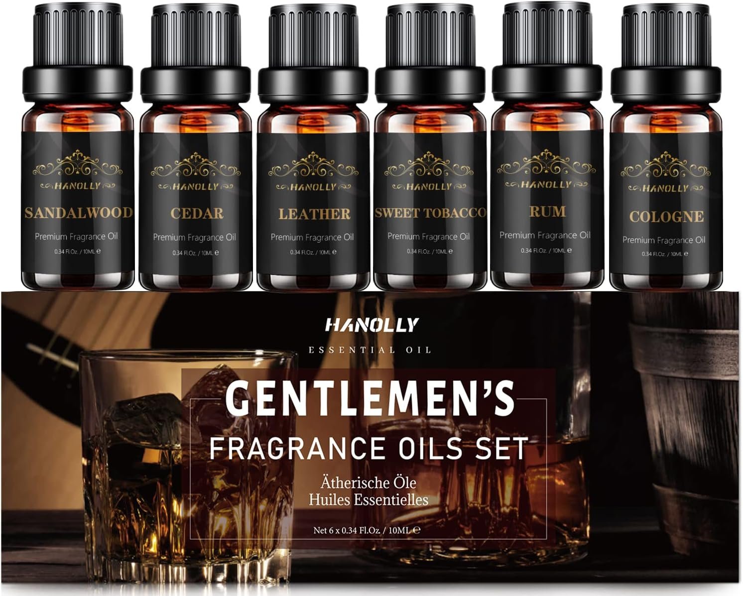 Essential Oils Set, Men Scents Fragrance Oil Aromatherapy Essential Oils Kit for Diffuser (6x10ML) – Sandalwood, Cedar, Leather, Sweet Tobacco, Rum, Cologne Aromatherapy Oils Gift for Men