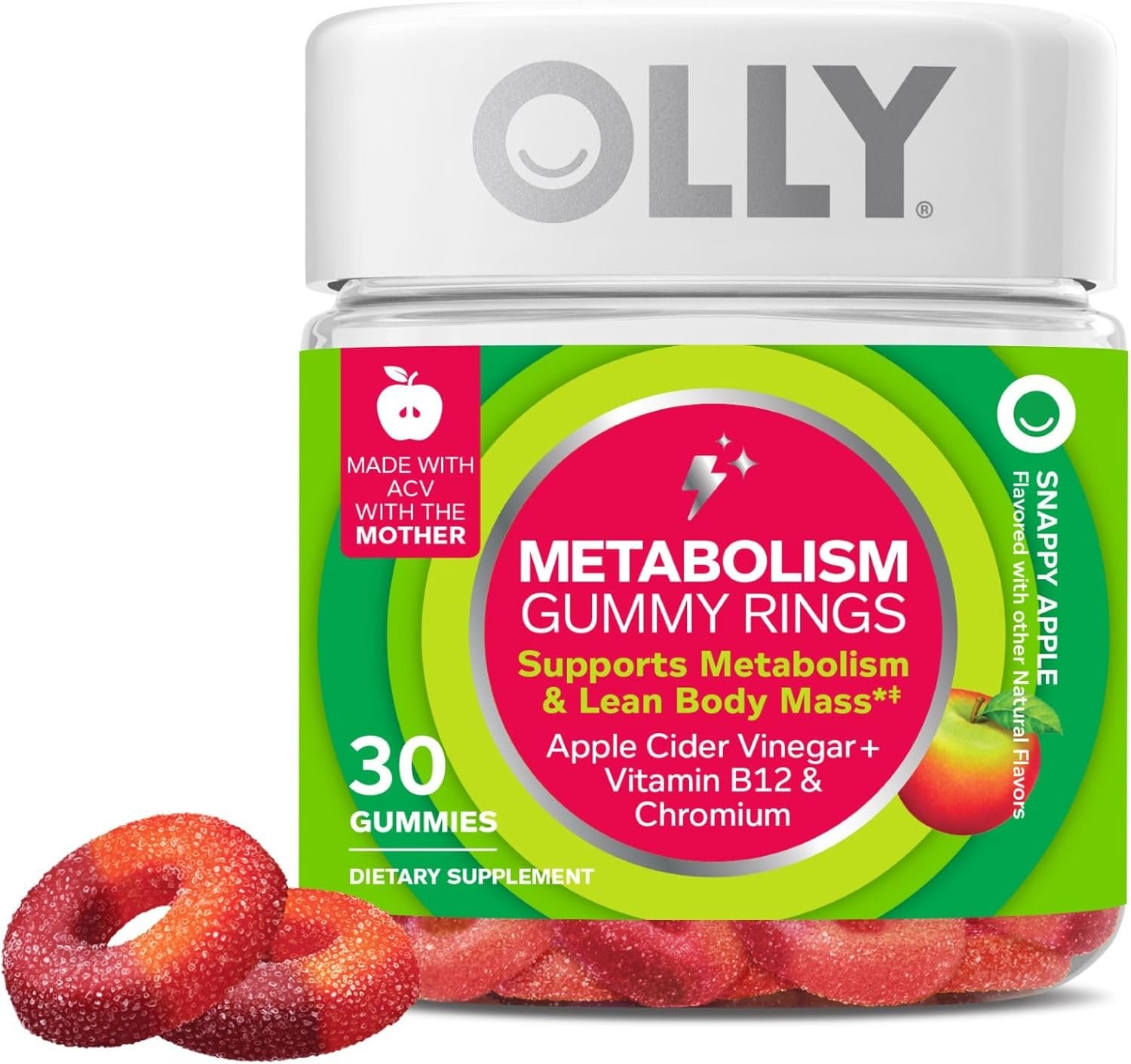 OLLY Metabolism Gummy Rings, Apple Cider Vinegar, Vitamin B12, Chromium, Energy and Digestive Health, Chewable Supplement, Apple Flavor – 30 Count