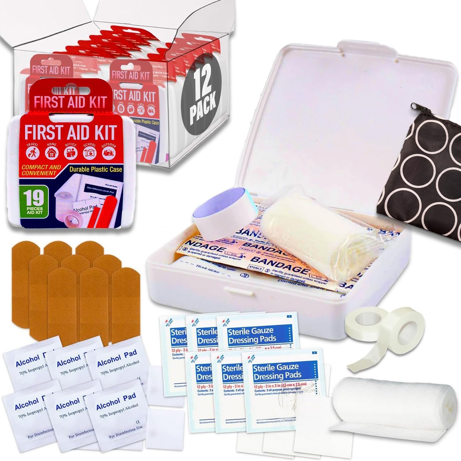 Mini First Aid Kit Bulk Set – Travel Size Bundle with 12 Small First Aid Kits in Durable Case for Car, Purse, Travel, Backpack, Camping Plus Pouch | Compact Safety Supplies Multi Pack