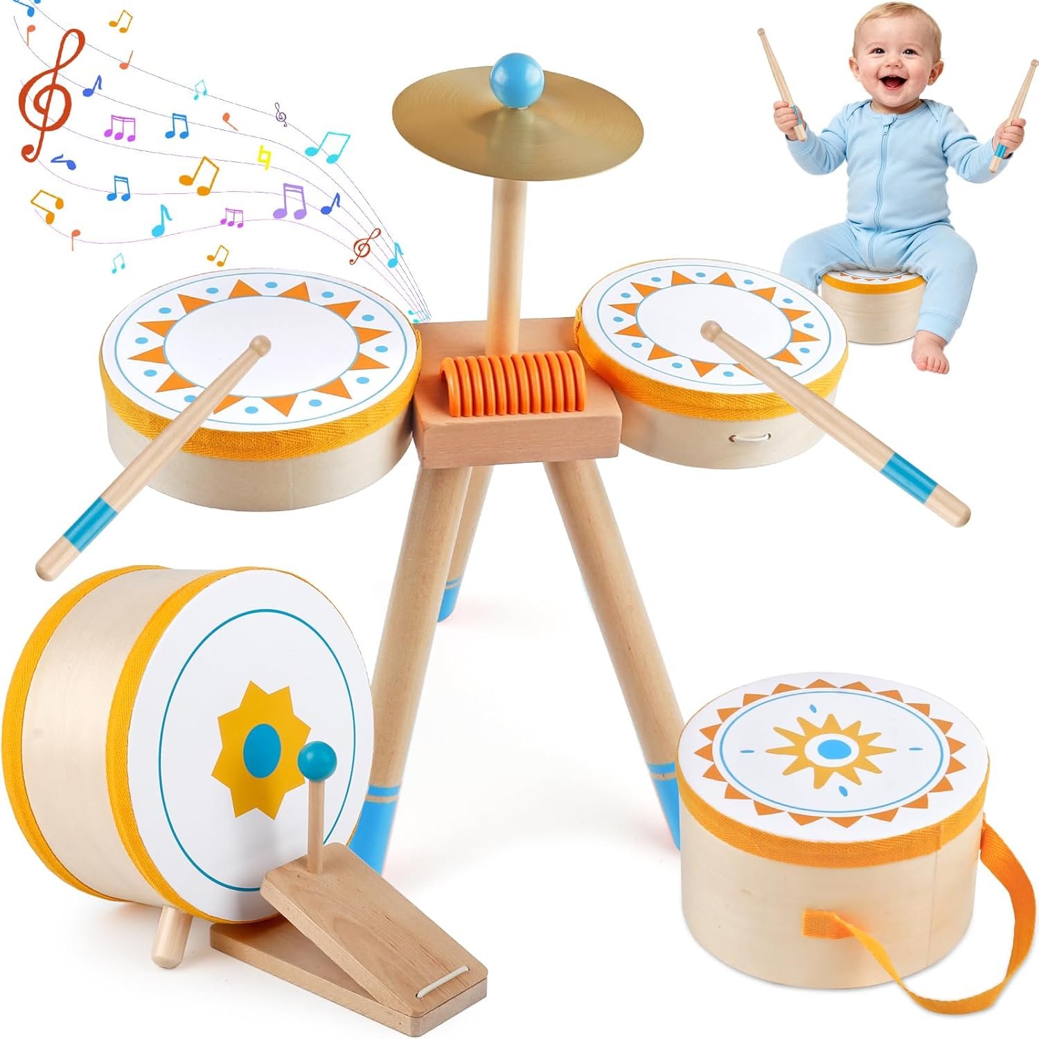 Kids Wooden Drum Kit, Montessori Musical Instruments for Toddlers, Baby Percussion Set Music Toys with Cymbal, Pedal Bass Drum & 2 Drumsticks, Educational Learning Birthday Gift for Boys Girls Ages 3+