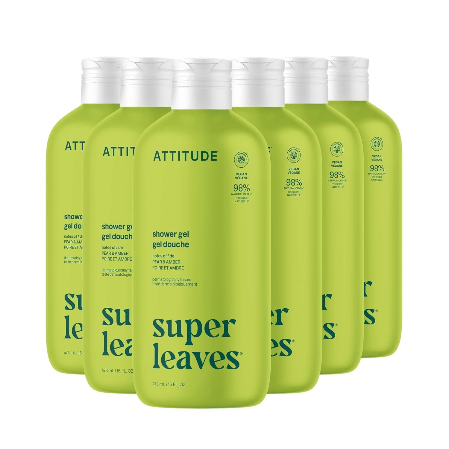 ATTITUDE Body Wash, EWG Verified Shower Gel, Dermatologically Tested, Plant and Mineral-Based, Vegan Personal Care Products, Pear & Amber Scent, 16 Fl Oz (Pack of 6)