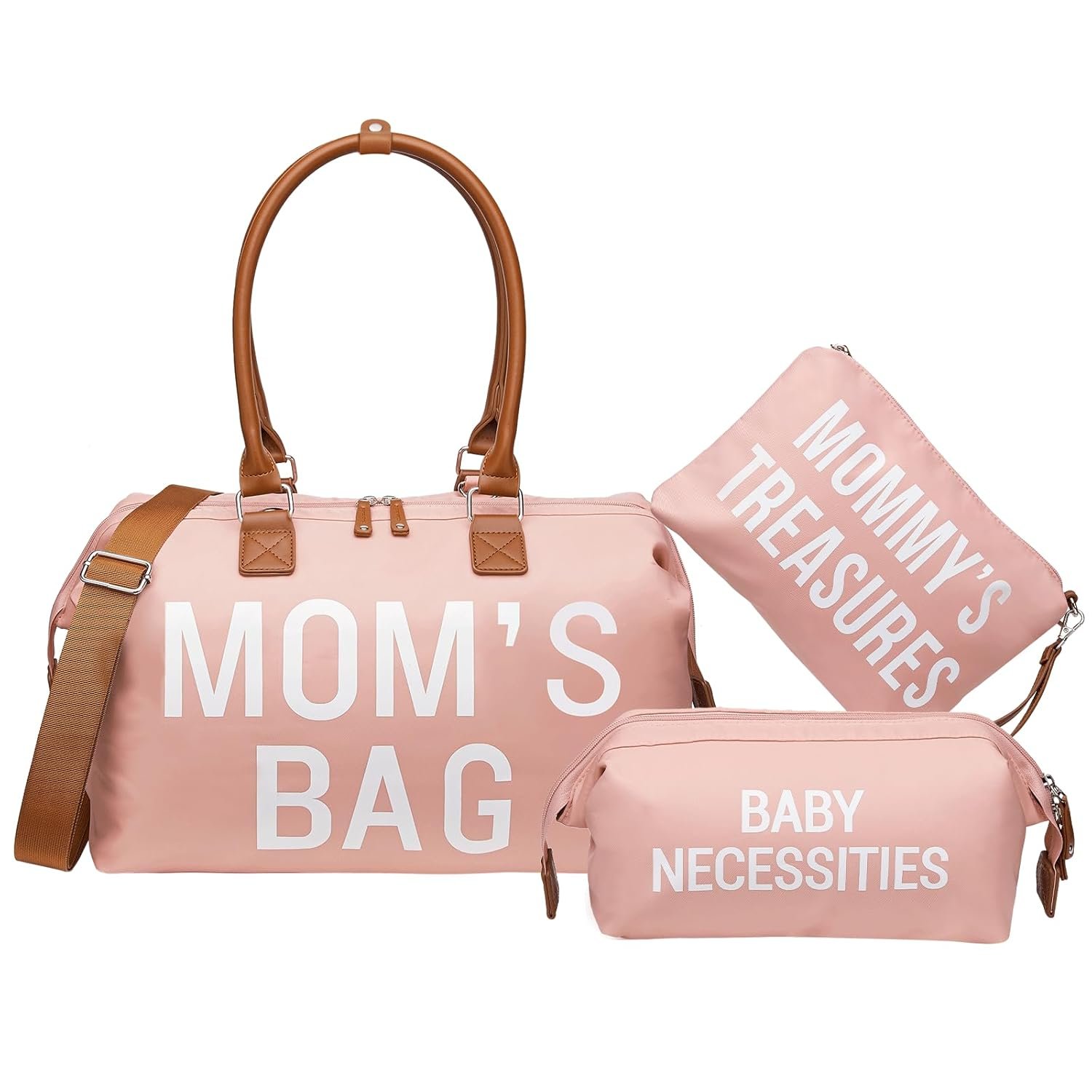 printe Mommy Diaper Bag Tote for Girls with 2 Organizer Pouches, Large Capacity Mom’s Bag for Hospital and Weekender Travel, Pink