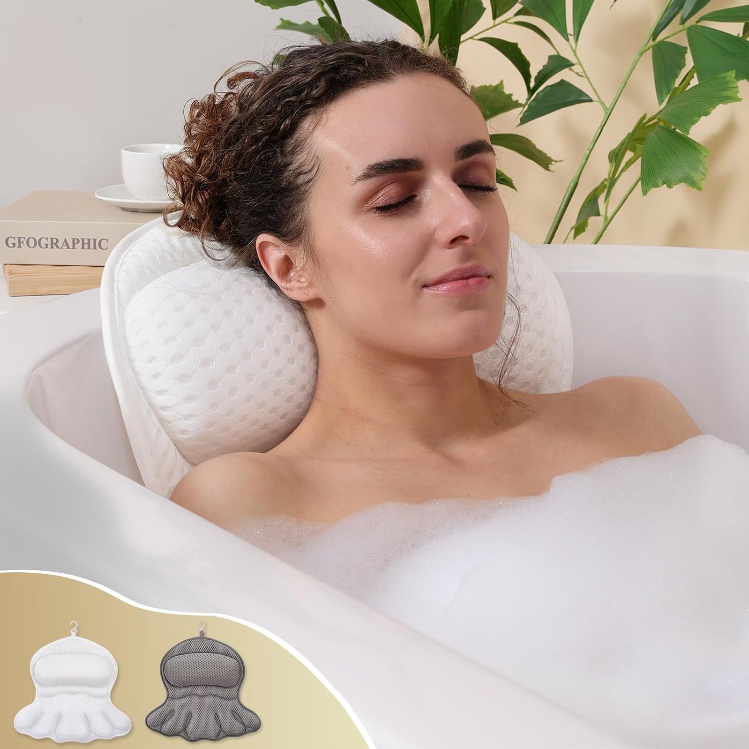 Bath Pillow Luxury Bathtub Pillow, Extra Soft & Comfortable Bath Pillows for Tub Head Neck and Back Support, with 4D Air Mesh Cushions & Non-Slip Suction Cups – Bath Accessories Spa Gifts for Women