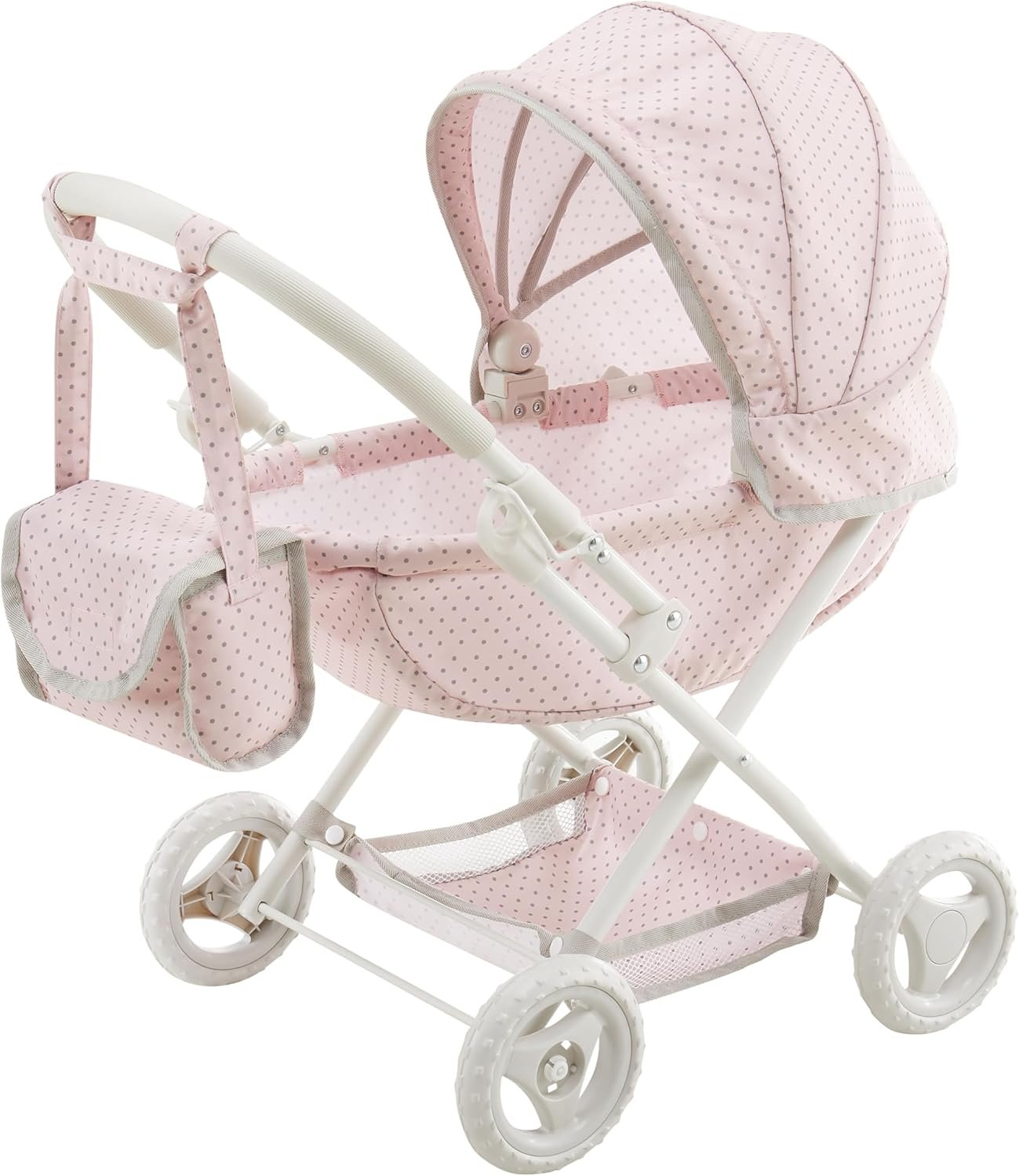 Olivia’s Little World Polka Dot Princess Baby Doll Pram Stroller with Retractable Canopy & Storage, Pink