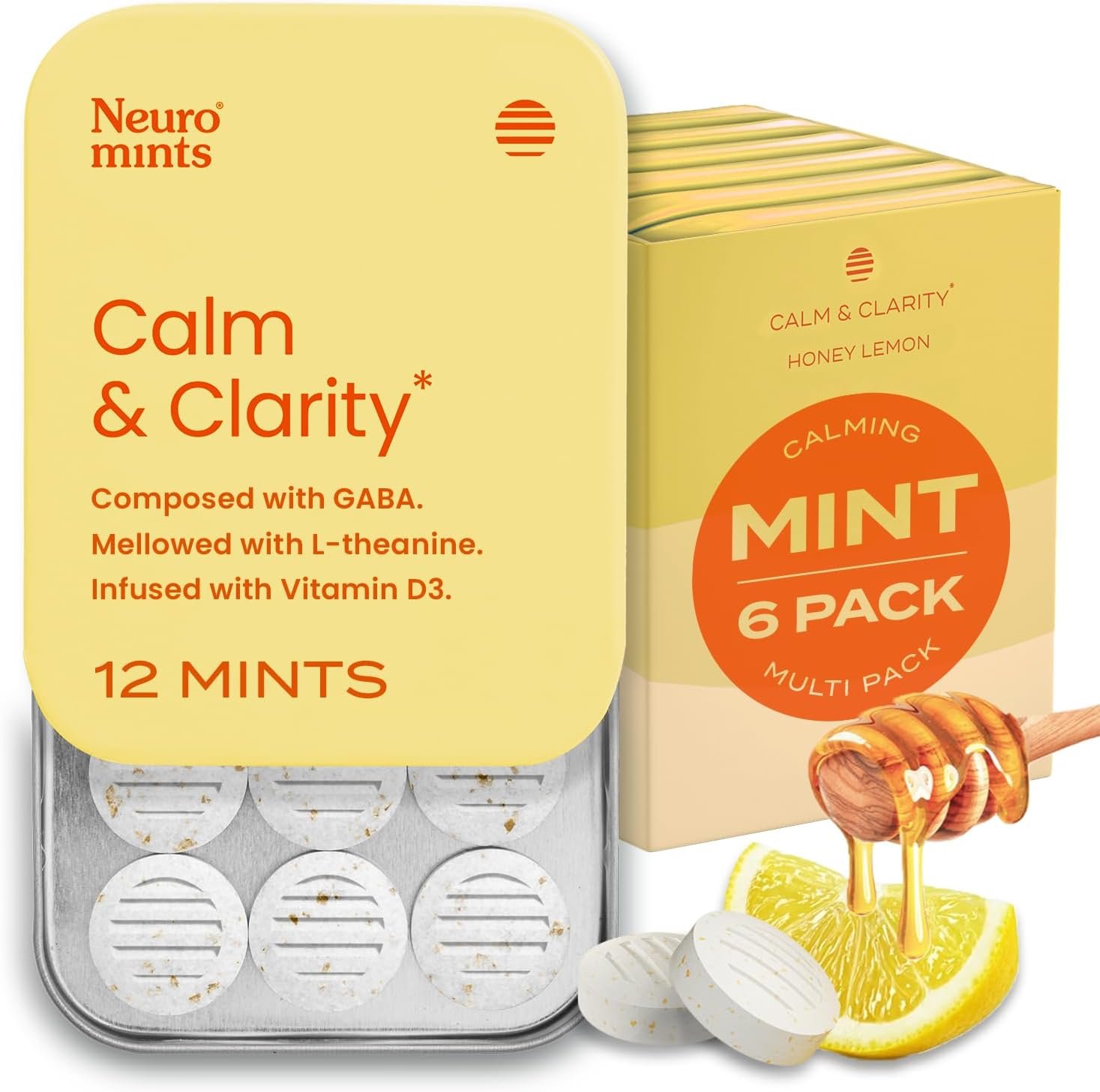 Neuro Calm & Clarity Mints – GABA L-Theanine Stress Supplement with Vitamin D3 – Non-Drowsy, Functional Calming Mints for Mood, Mental Clarity & Cognitive Function – Honey Lemon, 72 ct