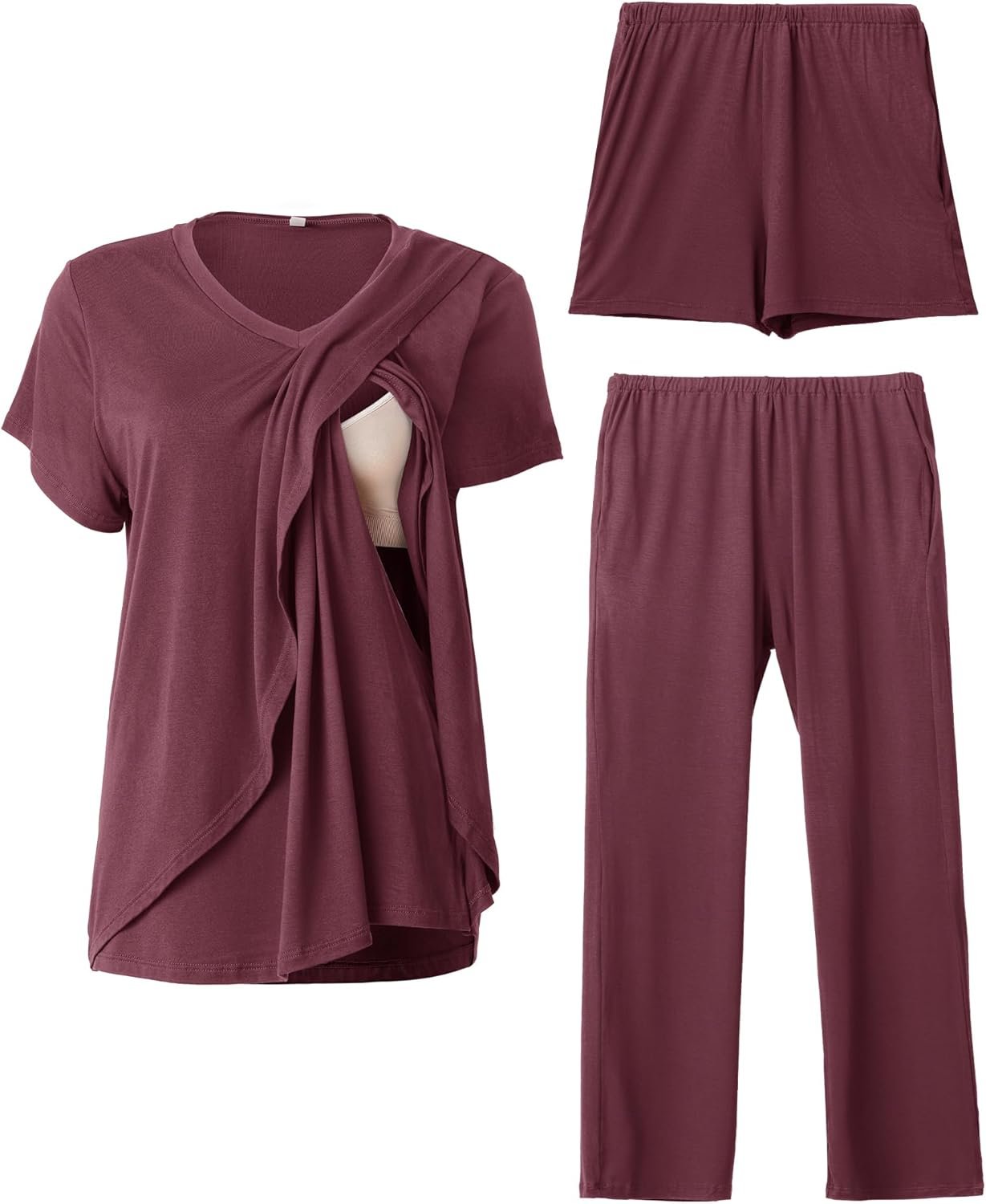 Rnxrbb V Neck Nursing Pajamas Set 3 Pack Postpartum Pjs Breastfeeding Sleepwear for Women Double Layer with Pockets