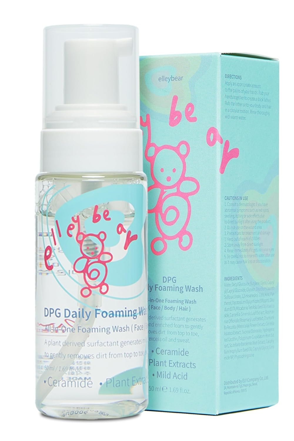 elleybear DPG Daily Foaming Wash | Kids Body Wash and Shampoo w/Plant Oils | Hypoallergenic Baby Wash and Shampoo Tear Free | Korean Vegan Baby Bath Essentials (Pack of 1, 1.69 fl oz)