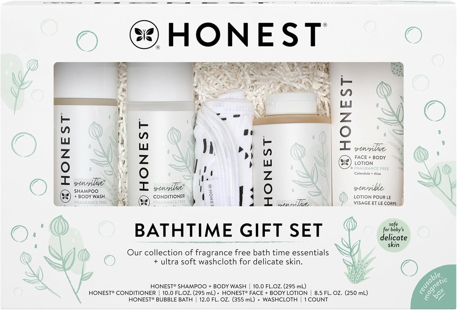 The Honest Company Fragrance Free Bathtime Gift Set | Hypoallergenic Bath Essentials for Sensitive Skin | Shampoo + Body Wash, Face + Body Lotion, Bubble Bath, Conditioner, Wash Cloth