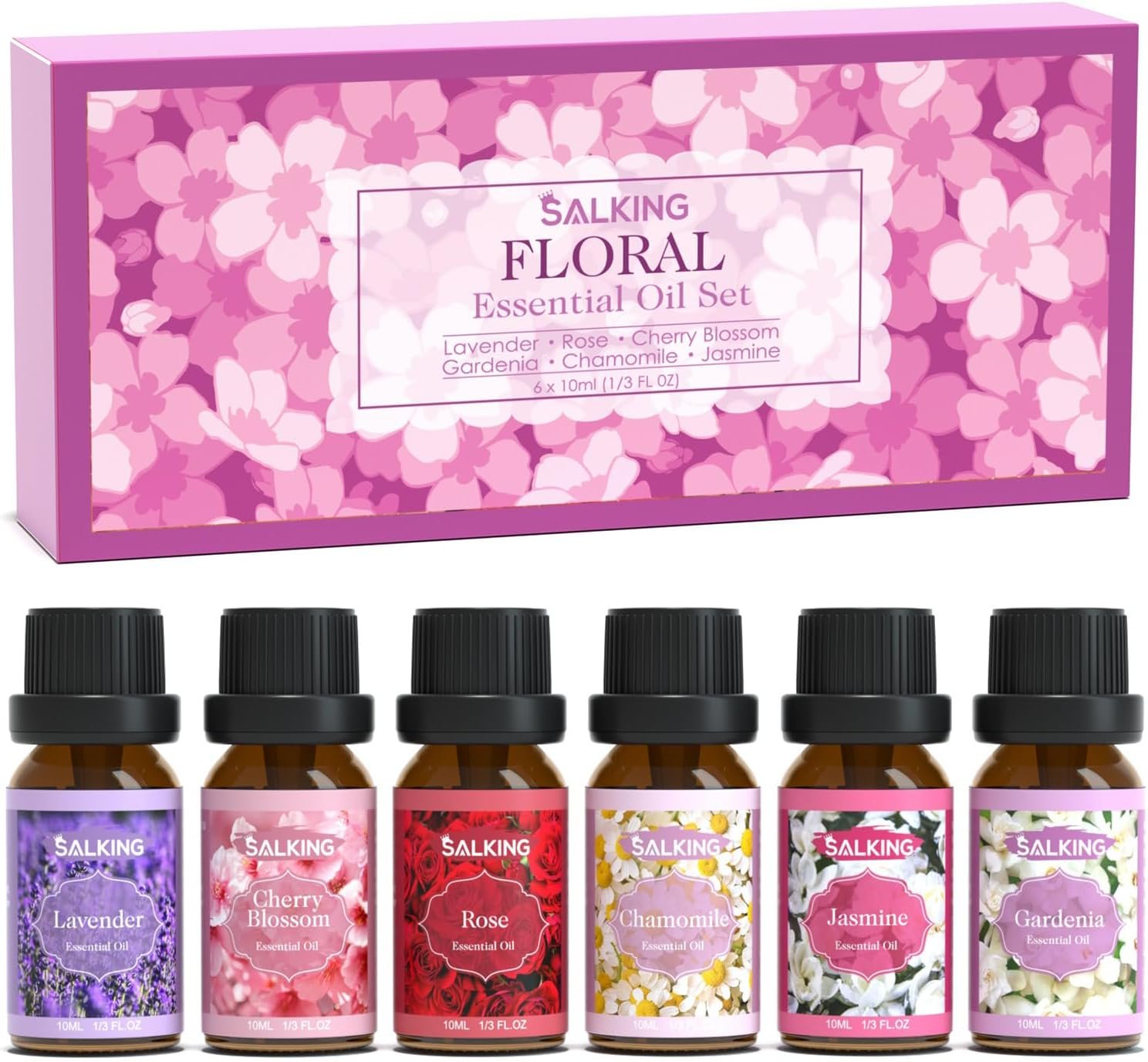 SALKING Floral Essential Oils Set, Premium Pure and Natural Essential Oils, Fragrance Oil Scented Oils for Oil Diffusers 6 x 10 ML – Lavender, Rose, Jasmine, Cherry Blossom, Gardenia, Chamomile