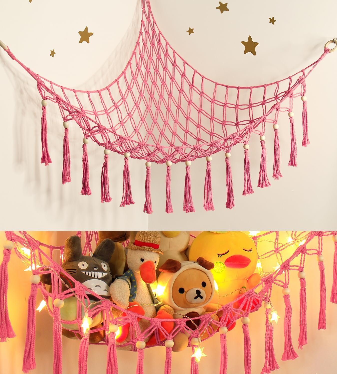 Stuffed Animal Storage Hammock Corner with LED Light – Toy Hanging Organizer Plushie Net – Pink Room Decor for Teen Girls – Cute Bedroom Aesthetic Nursery Kids Baby Toddler