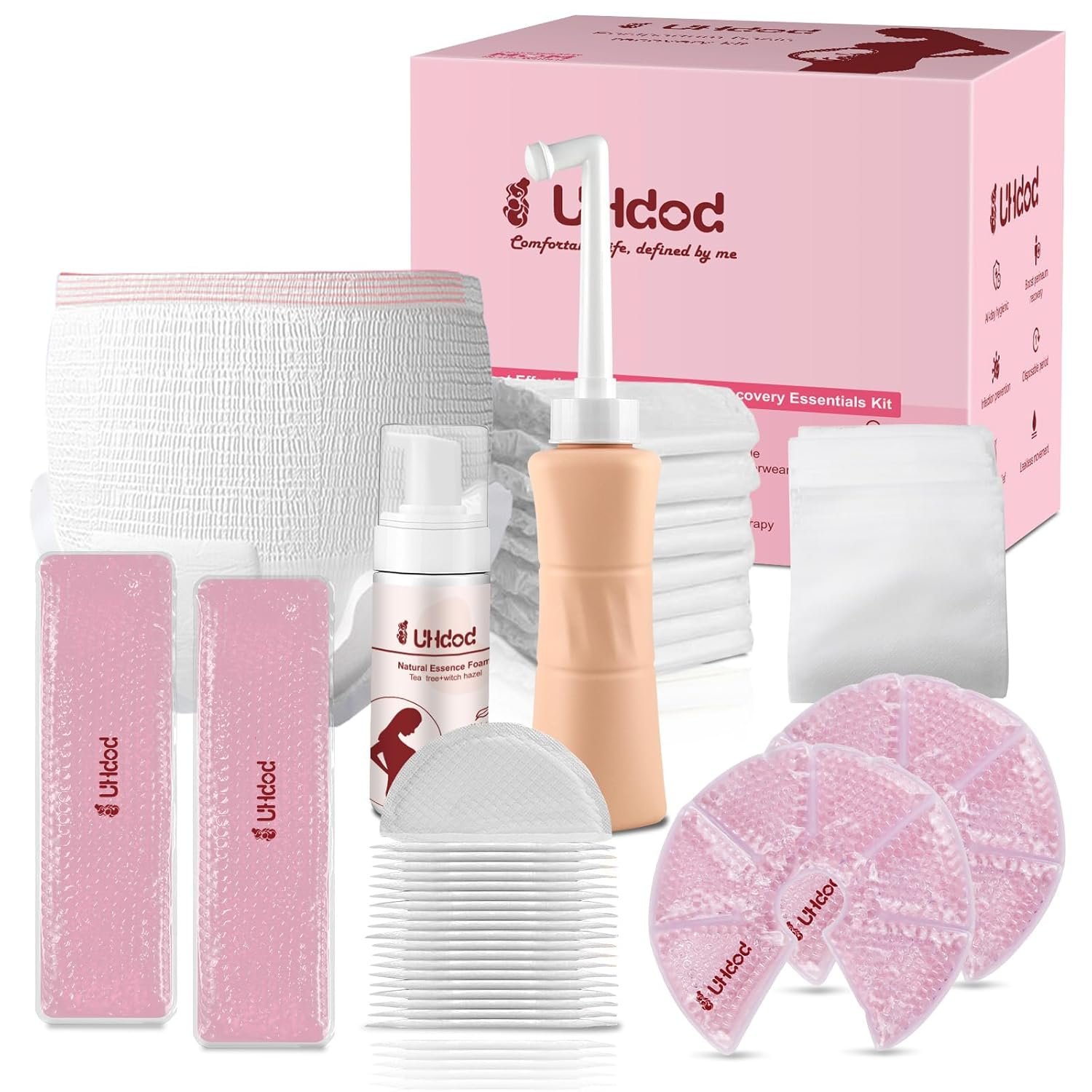 UHdod Postpartum Essentials Recovery Kit, Postpartum Kit for Women After Birth Labor Delivery Postpartum Care Kit, Disposable Underwear Cold Pads Cooling Foam Peri Bottle Nursing Pads Breast Ice Packs