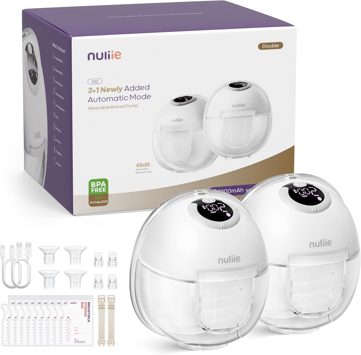 Nuliie Hands-Free Breast Pump S32, Wearable Breastfeeding Pump 4 Modes 9 Levels with 18/21/24MM Flange, Electric Breast Pump Portable, Replaced Pumping Accessories Included (2 Packs, White)