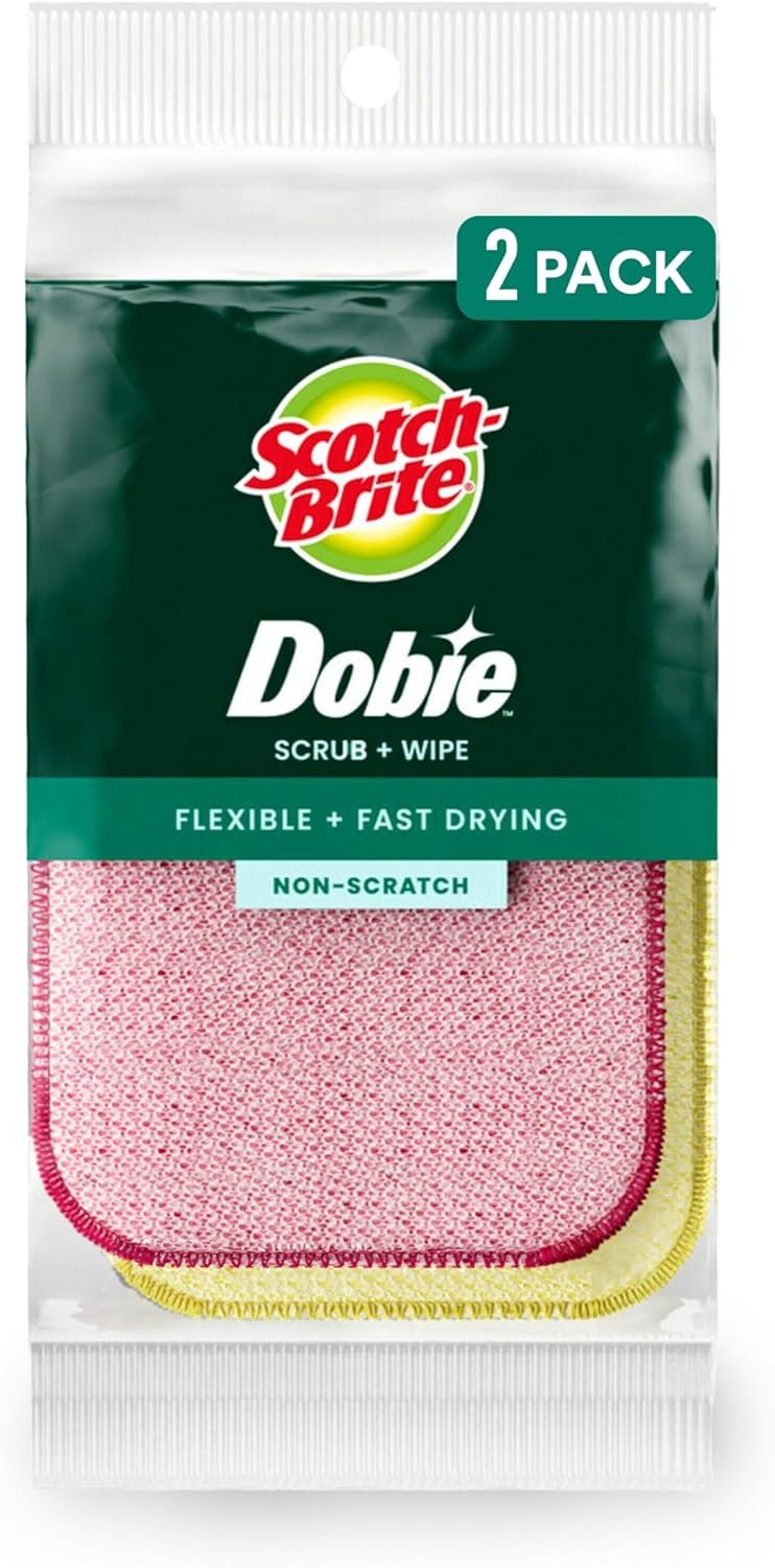 Scotch-Brite Dobie Scrub & Wipe Cloths, Sponge Cloths for Cleaning Kitchen, Bathroom, and Household, Dobie Scrub and Wipe Cloth Absorbs and Doesn’t Scratch, 2 Cleaning Cloths