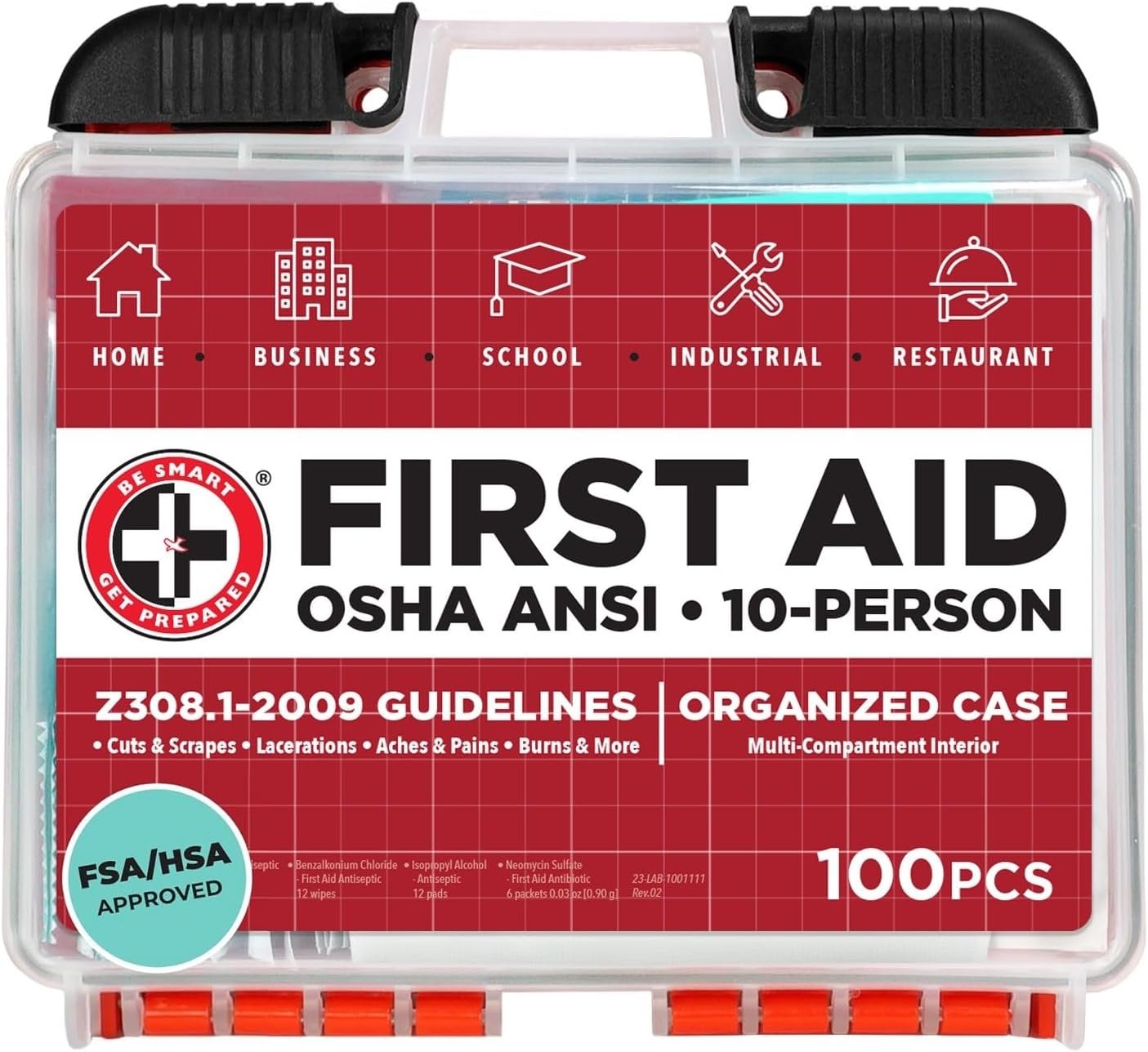 Be Smart Get Prepared OSHA/ANSI First Aid Kit – 10 Person, 100 Pieces – Designed for Home, Business, School, Industrial, and Restaurants – Compact & Portable