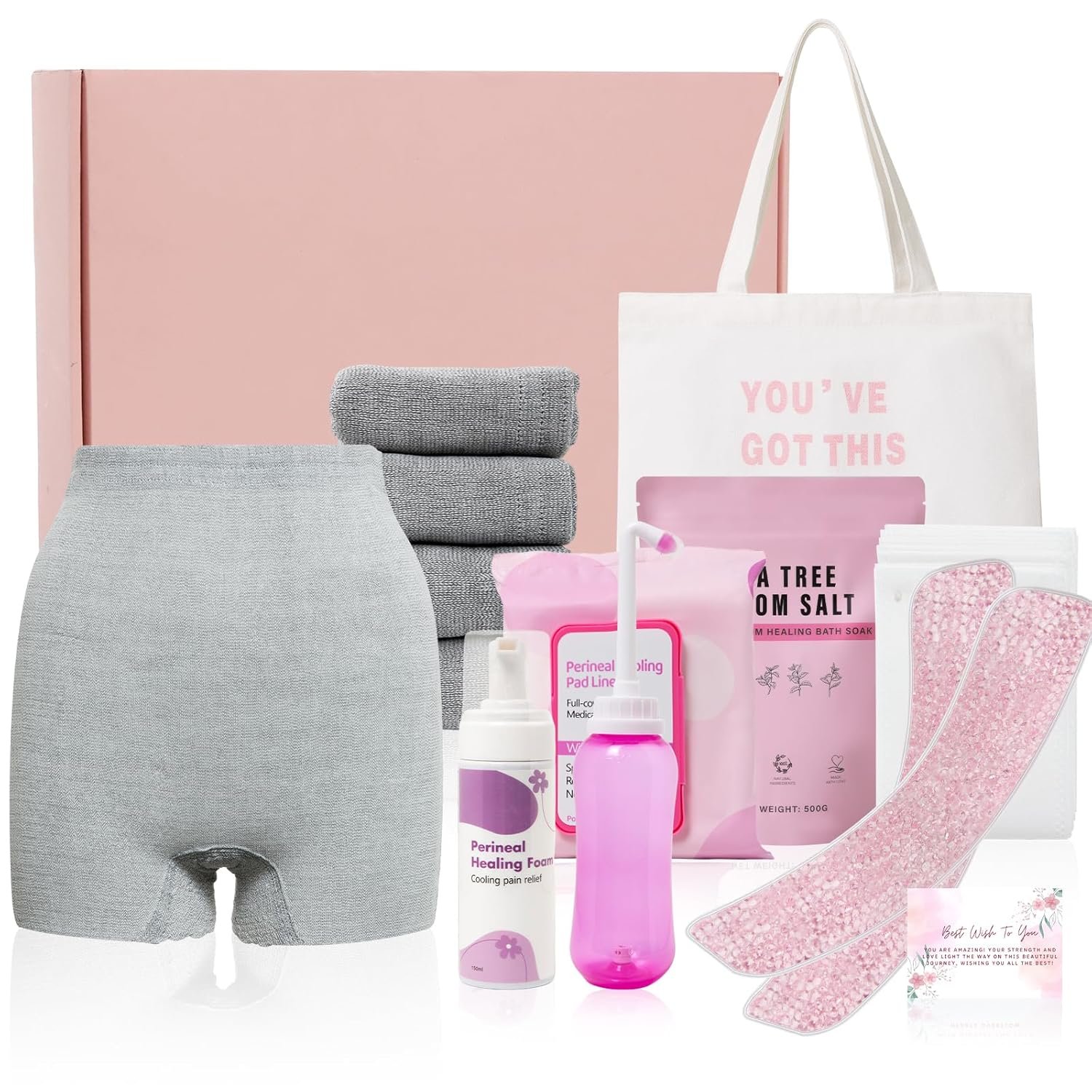 Postpartum Essentials Kit – Peri Bottle,Perineal Ice Packs,Perineal Healing Foam,Disposable Underwears,Cooling Pad Liners,Bath Salts,Canvas Bag,Card,Postpartum Gifts for Mom