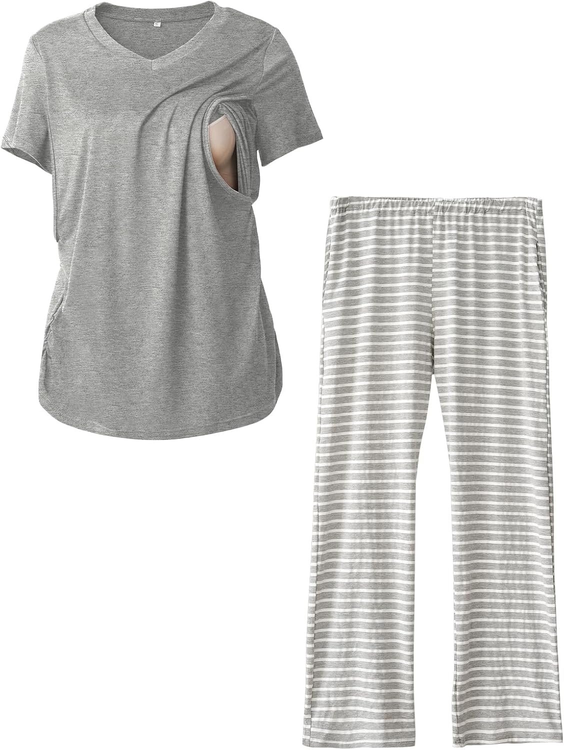 Rnxrbb V Neck Nursing Pajamas Set Postpartum Pjs Maternity Breastfeeding sleepwear for Women with Pockets 2 Pack