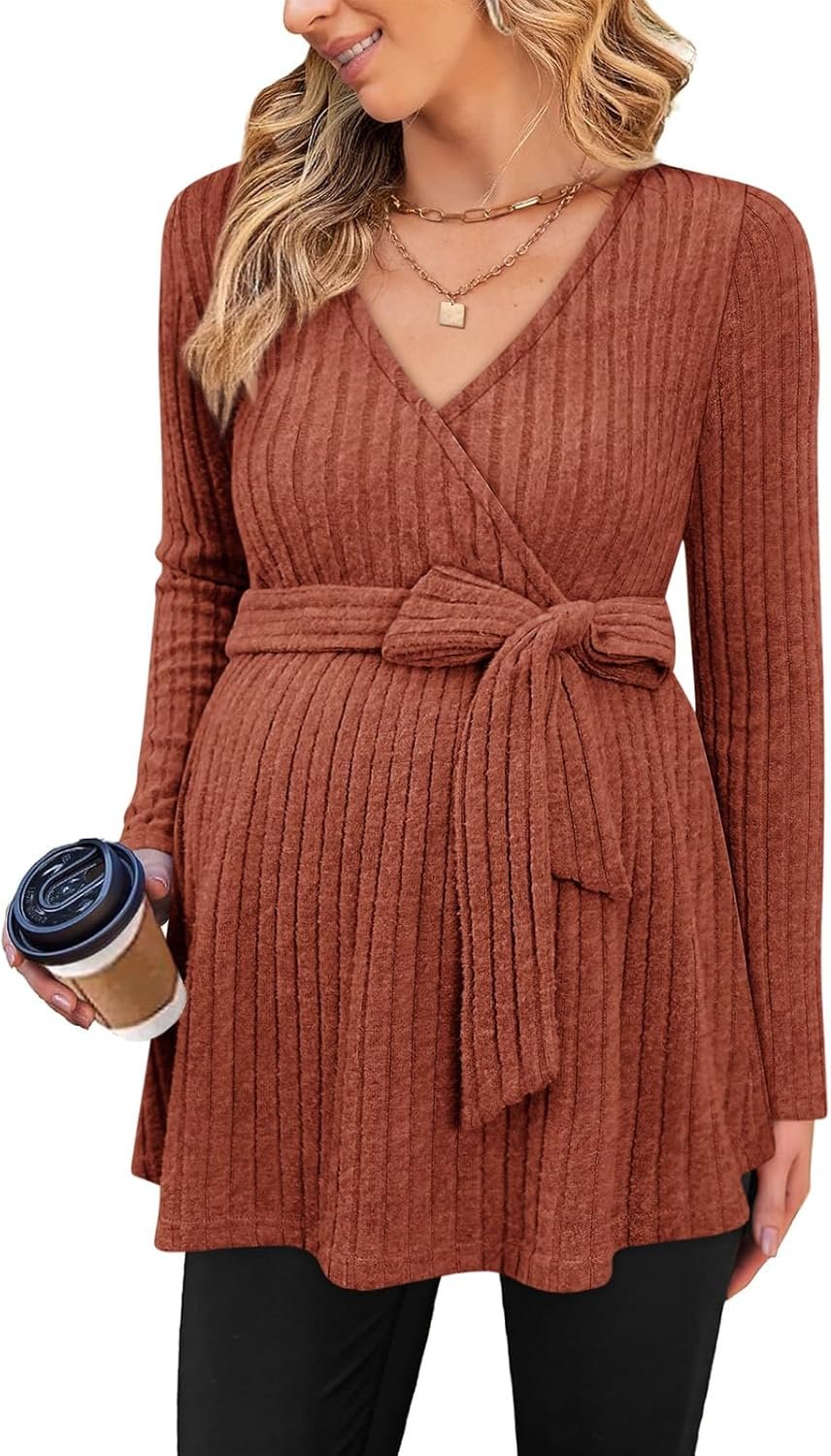 Womens Maternity Shirts Long Sleeve Pregnancy Tops Casual V Neck Ribbed Knit Pregnant Blouses