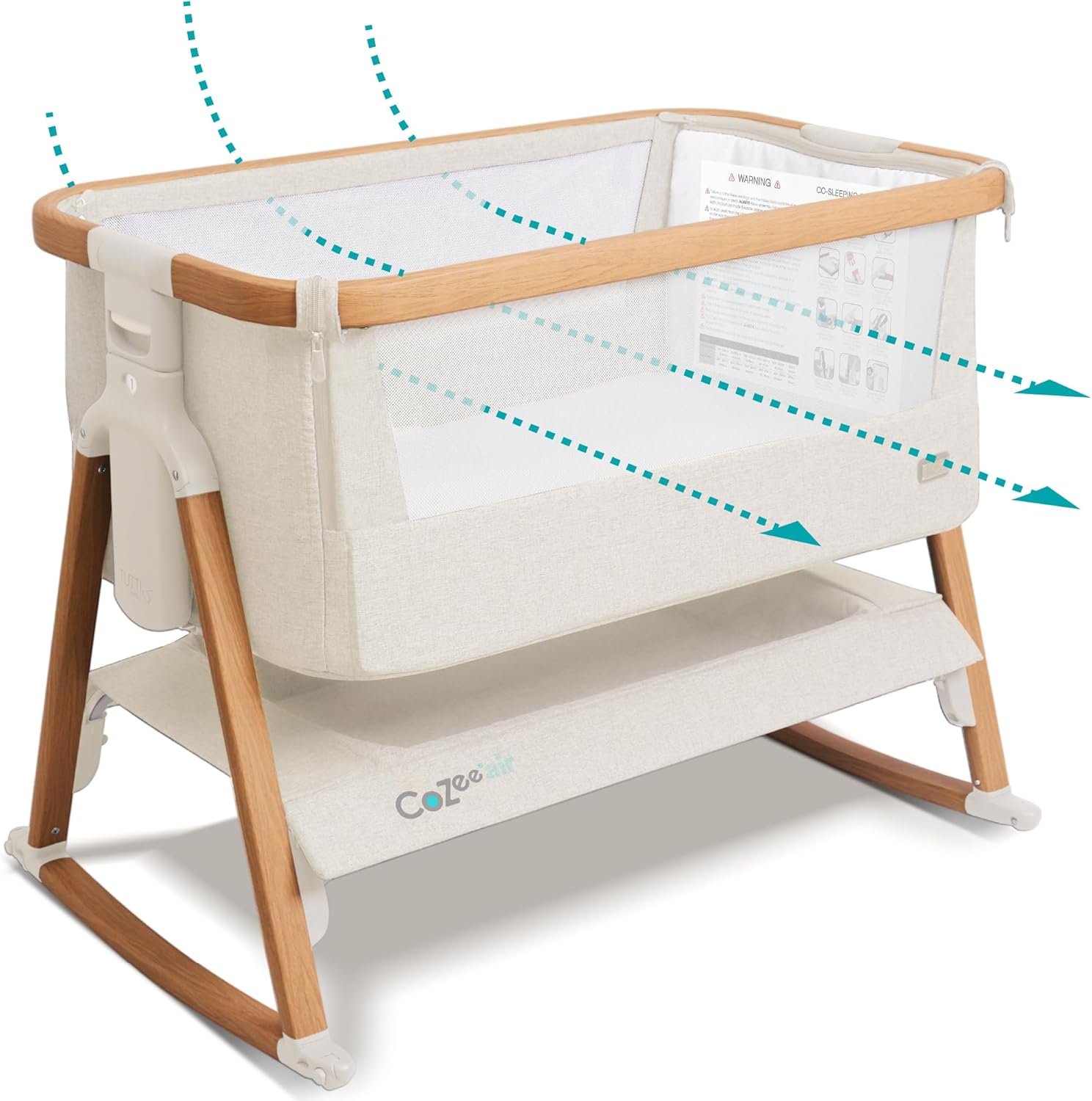 Tutti Bambini CoZee® Air Baby Bassinet & Bedside Sleeper – Rocking Bassinet for Baby, Fast-Folding with Travel Bag, Deluxe Airflow Mattress & 6 Mattress Heights, 0-6 Months (Walnut & Ecru)