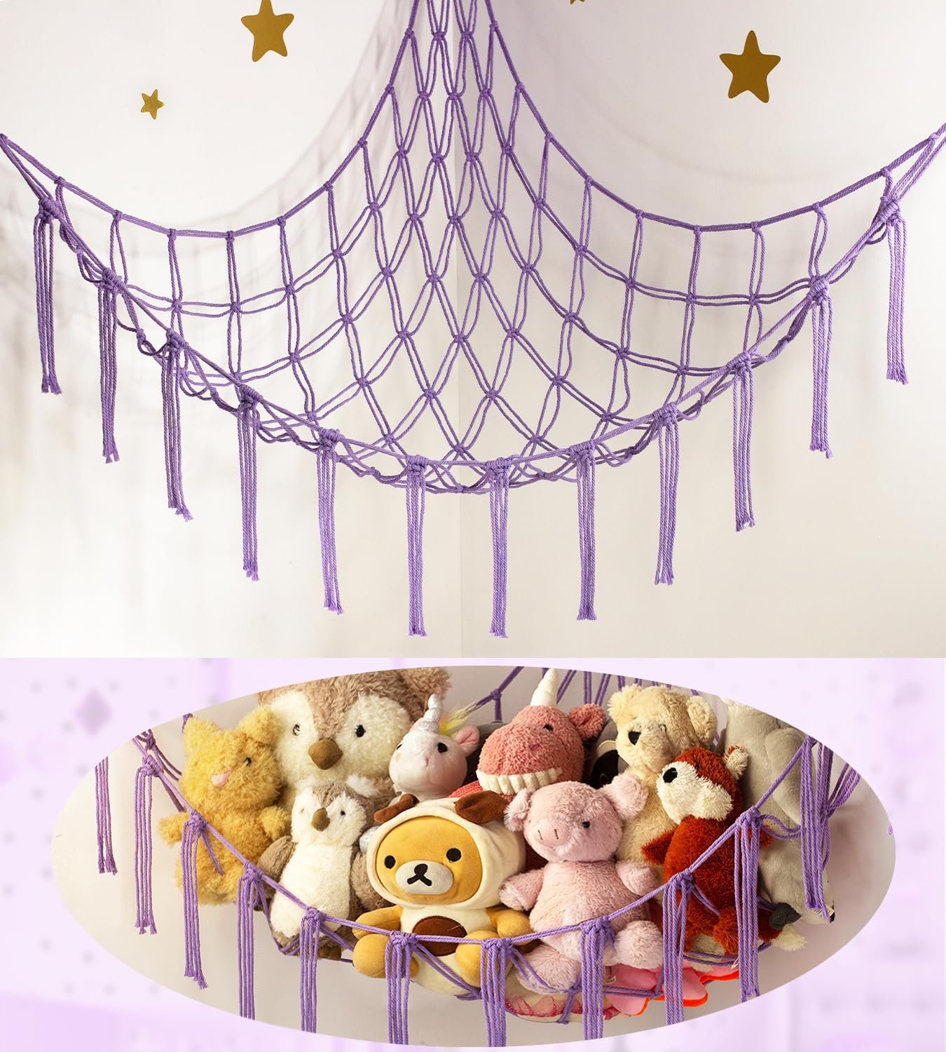 Stuffed Animal Storage Hammock or Net – Toy Hammock Net for Stuffed Animals Corner – Hanging Stuff Animal Organizer Holder Ideas for Plush Plushie – Purple Kids Baby Nursery Wall Bedroom Room Decor