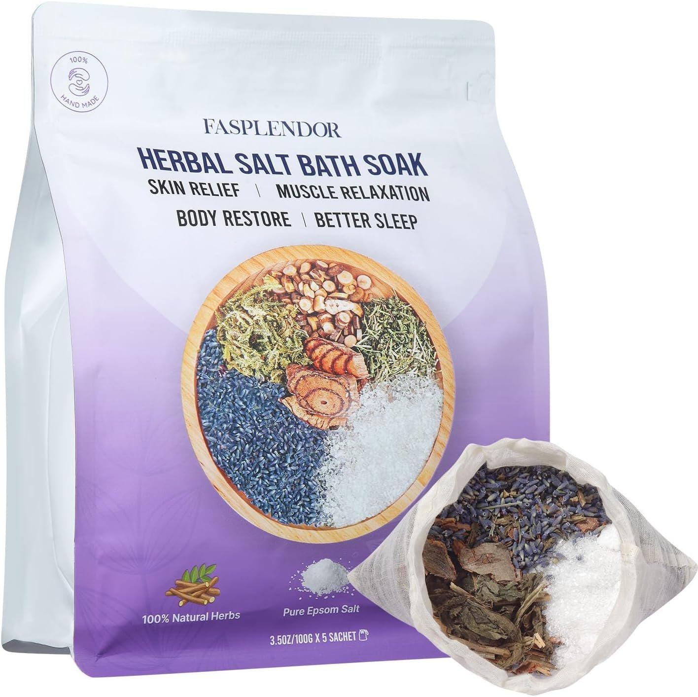 Chinese Herbal Bath Soak with Epsom Salt & Lavender, for Soothing Relief, Energy Rebalance & Stress Detox, Better Sleep– 5 Sachets (3.5 oz Each)
