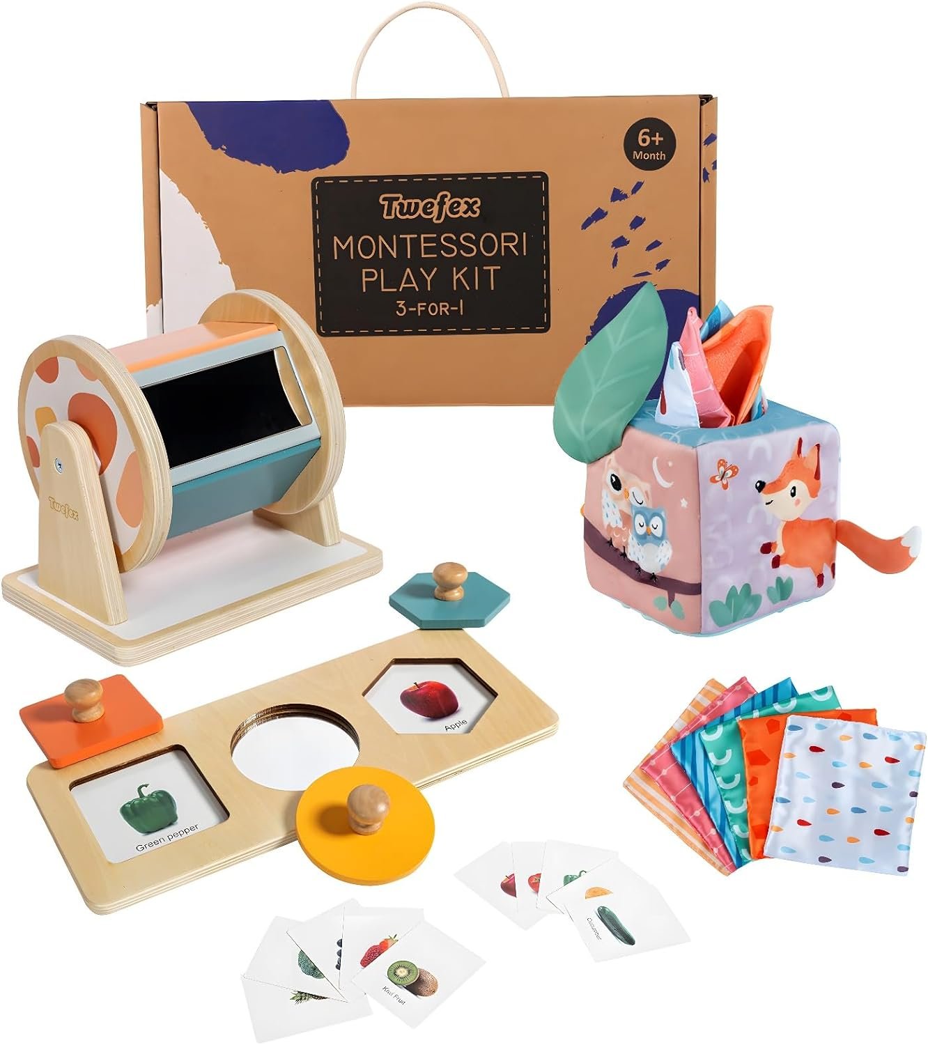 Montessori Toys for Babies 6-12 Months – 3 in 1 Baby Toys Play Kit – Medium Spinning Drum – Baby Tissue Box Toy – Peekaboo Knob Puzzle with Cards – Learning Educational Toy for Boys and Girls