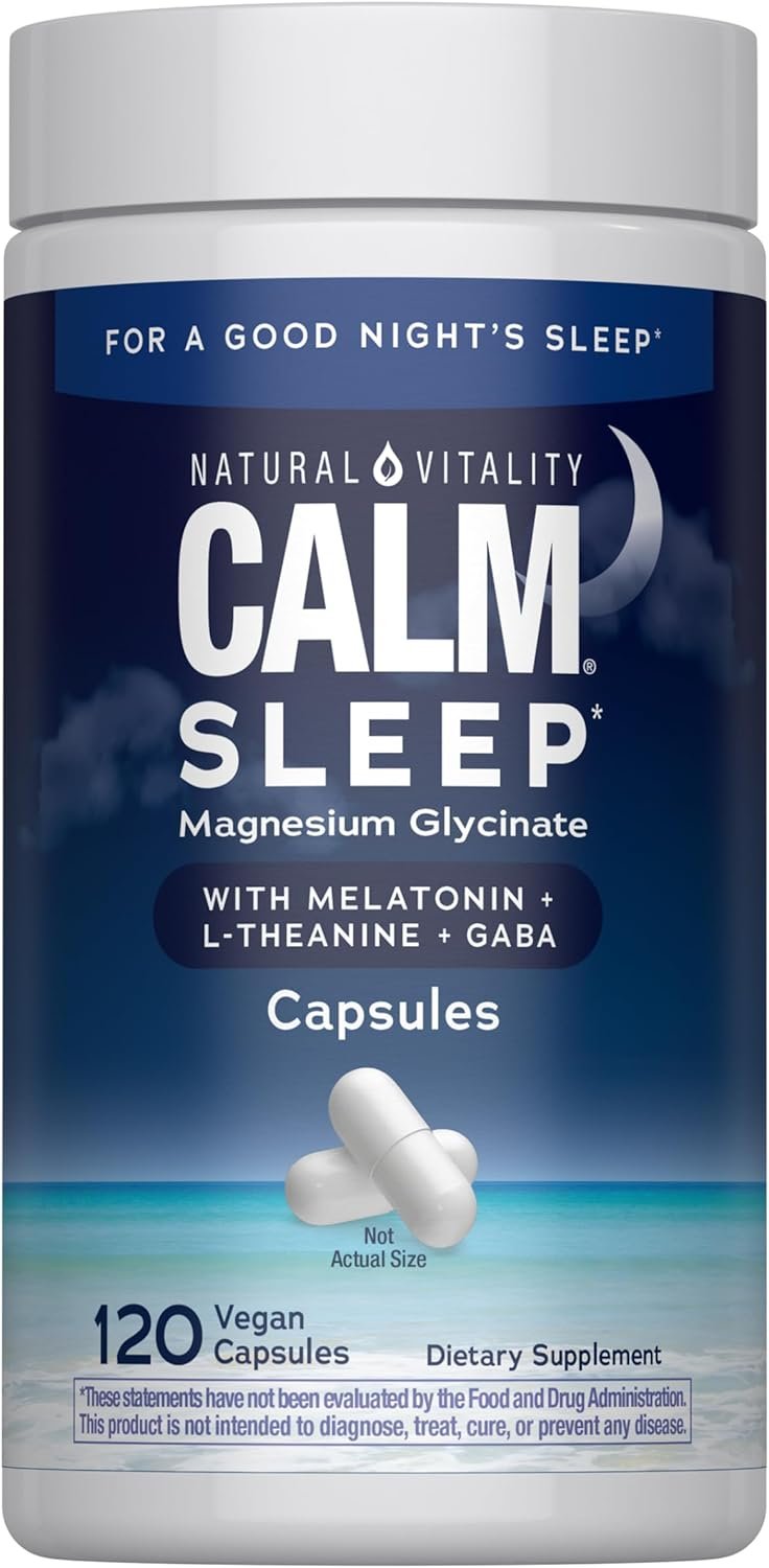 Natural Vitality Calm Sleep Magnesium Supplement, Melatonin & Magnesium Citrate, Sleep Aid Capsules, Gluten Free, Vegan, Non-GMO, Helps The Body Ease Into Sleep, 120 Capsules