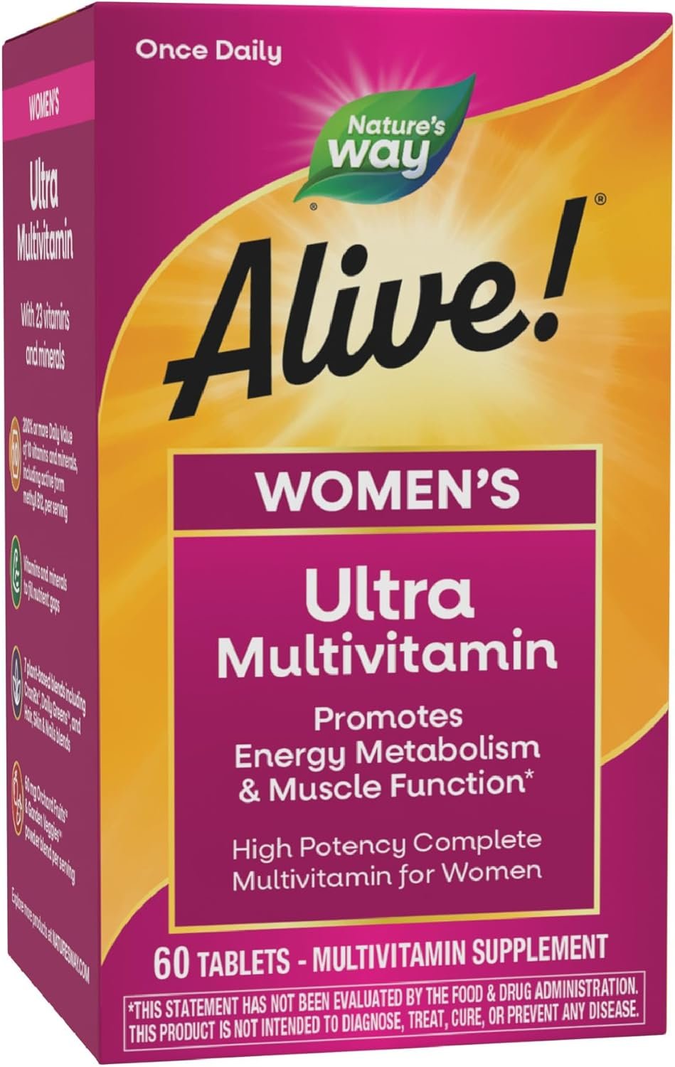 Nature’s Way Alive! Women’s Daily Ultra Multivitamin, High Potency Formula, Promotes Energy Metabolism and Muscle Function*, Women’s Vitamins, Methylated Vitamin B12, 60 tablets
