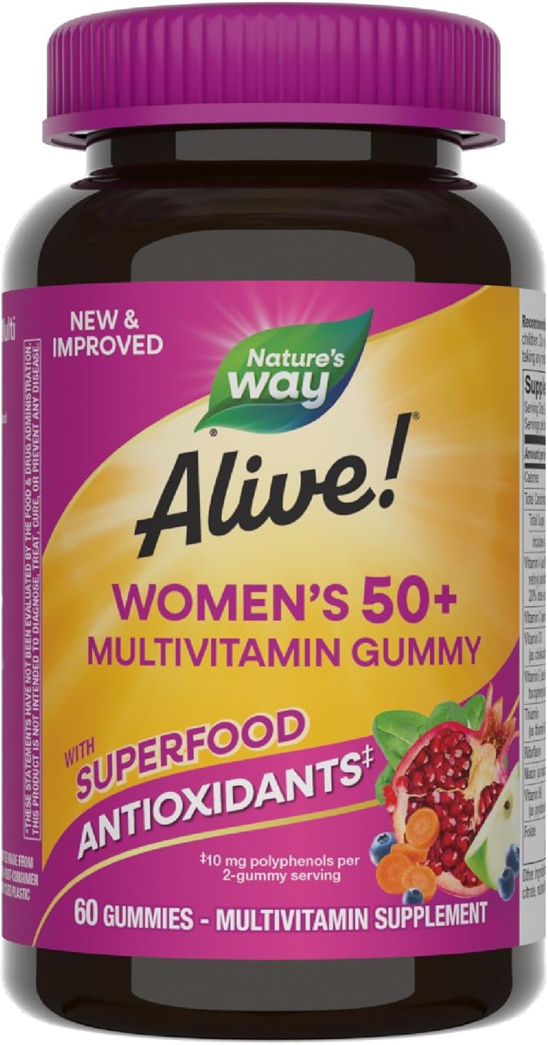 Nature’s Way Alive! Women’s 50+ Daily Gummy Multivitamins, Women’s Supplements, Supports Healthy Heart, Brain & Bones,* B-Vitamins, Mixed Berry Flavored, 60 Gummies (Packaging May Vary)
