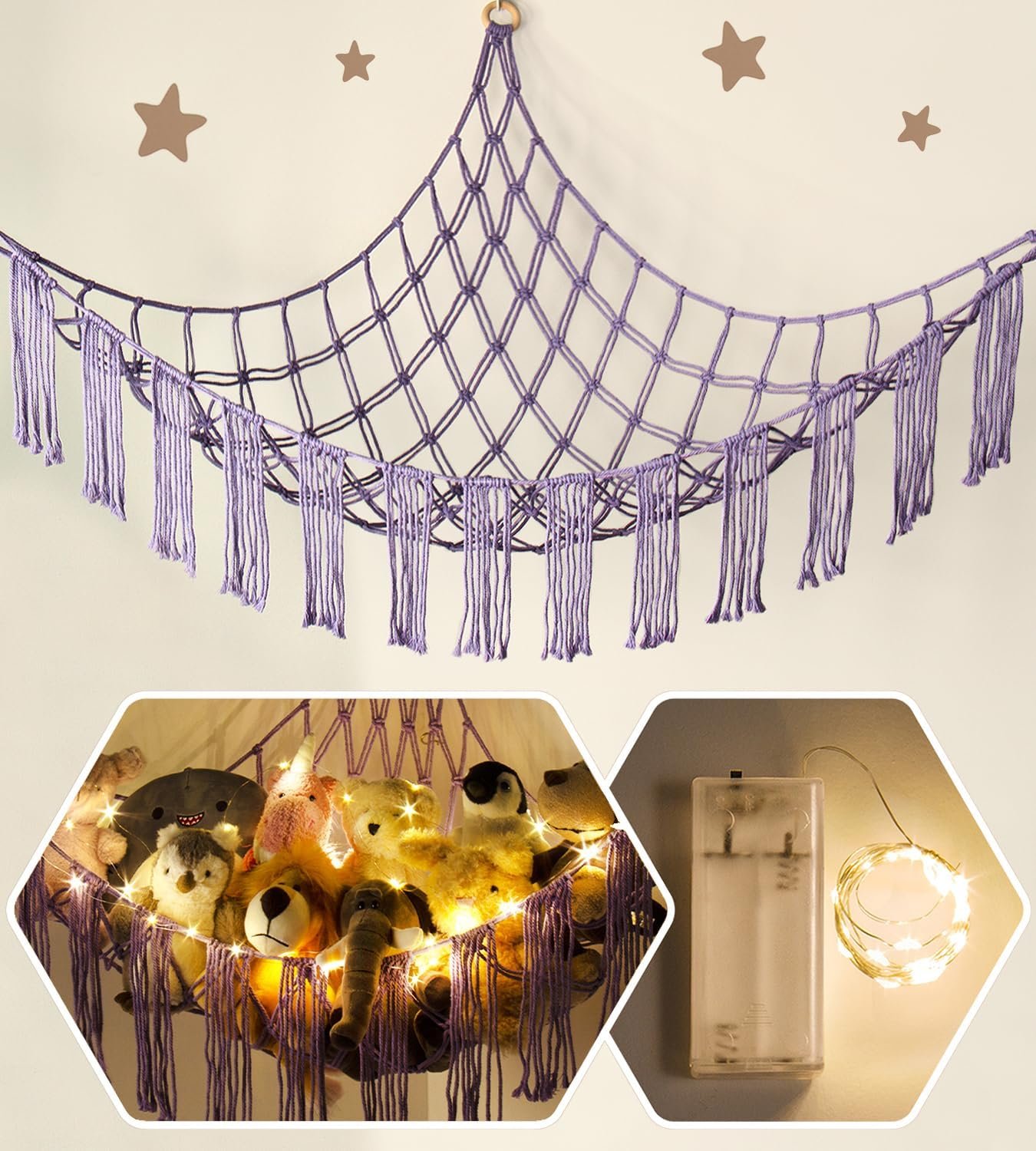 Stuffed Animal Hammock Corner with LED Light – Toy Storage Hammock Plushie Net Organizer – Teddy Bear Stuffy Hammock – Purple Nursery Decor Baby Kids Bedroom Nursery Furniture