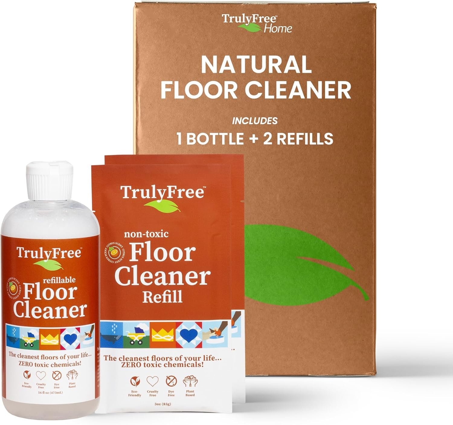 Truly Free Floor Cleaner Kit – Plant-Based Mopping Solution (16oz Reusable Empty Bottle + Two Pouches, 3oz ea.) – DIY All-Surface Cleaner for Hardwood, Tile, Wood & Concrete
