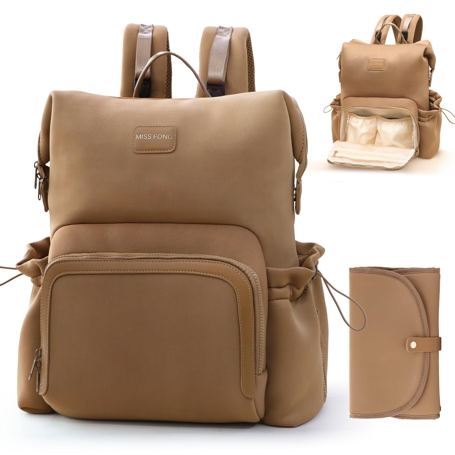 miss fong Diaper Bag Backpack – Baby Diaper Bag Neoprene Bag Large Capacity Neoprene Backpack with Diaper Changing Pad Pañaleras Para Bebe Baby Bag with 12 Pockets for Mom & Dad -Brown