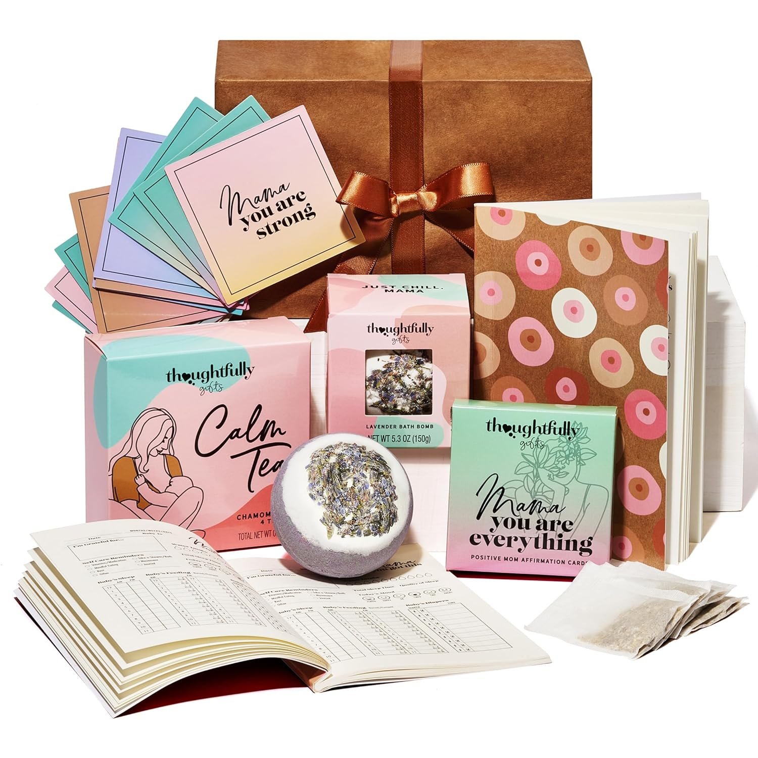 Thoughtfully Gifts, New Mom Gift Set, Includes Lavender Bath Bomb, 4 Chamomile Tea Bags, New Mom Affirmation Cards, and Daily Tracker Notepad – Postpartum Gifts