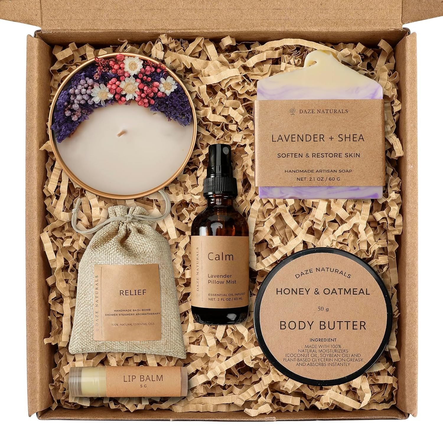 Bath Gift Set, Spa Gifts for Women, Self Care Products for Women, Lavender & Cream Soap Bar, Calm Pillow Mist, Bath Bomb & Shower Steamer, Body Butter and Lip Balm