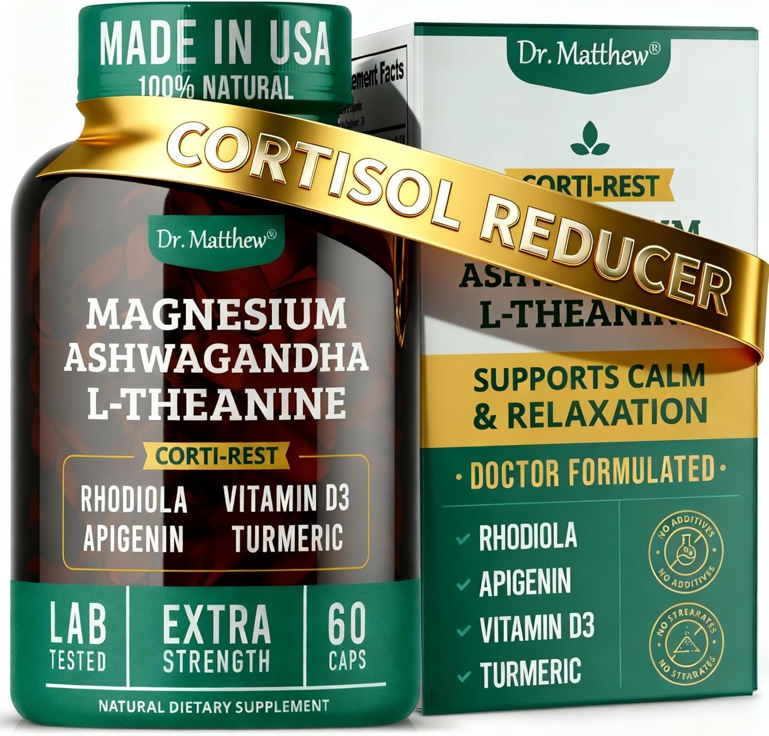 Cortisol Reducer & Adrenal Support Supplement–Natural Stress Relief with Ashwagandha KSM-66, Magnesium Glycinate & Citrate, L-Theanine, Rhodiola, Apigenin, Turmeric & Vitamin D3–Calm Mood & Relaxation