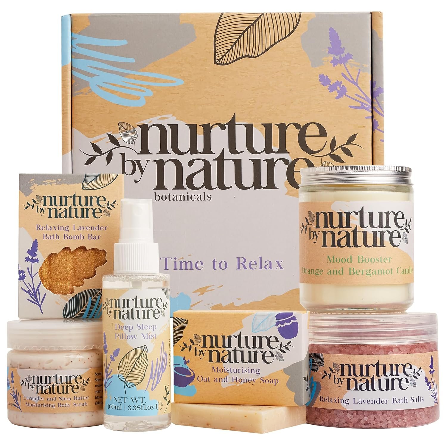 Nurture by Nature RELAX & CALM Spa Kit – Birthday Gifts for Women – Spa Gift Baskets For Women, 6-in-1 Self Care Kit, Bath Sets Gift – Lavender Pillow Mist, Bath Salts, Body Scrub, Bath Bomb