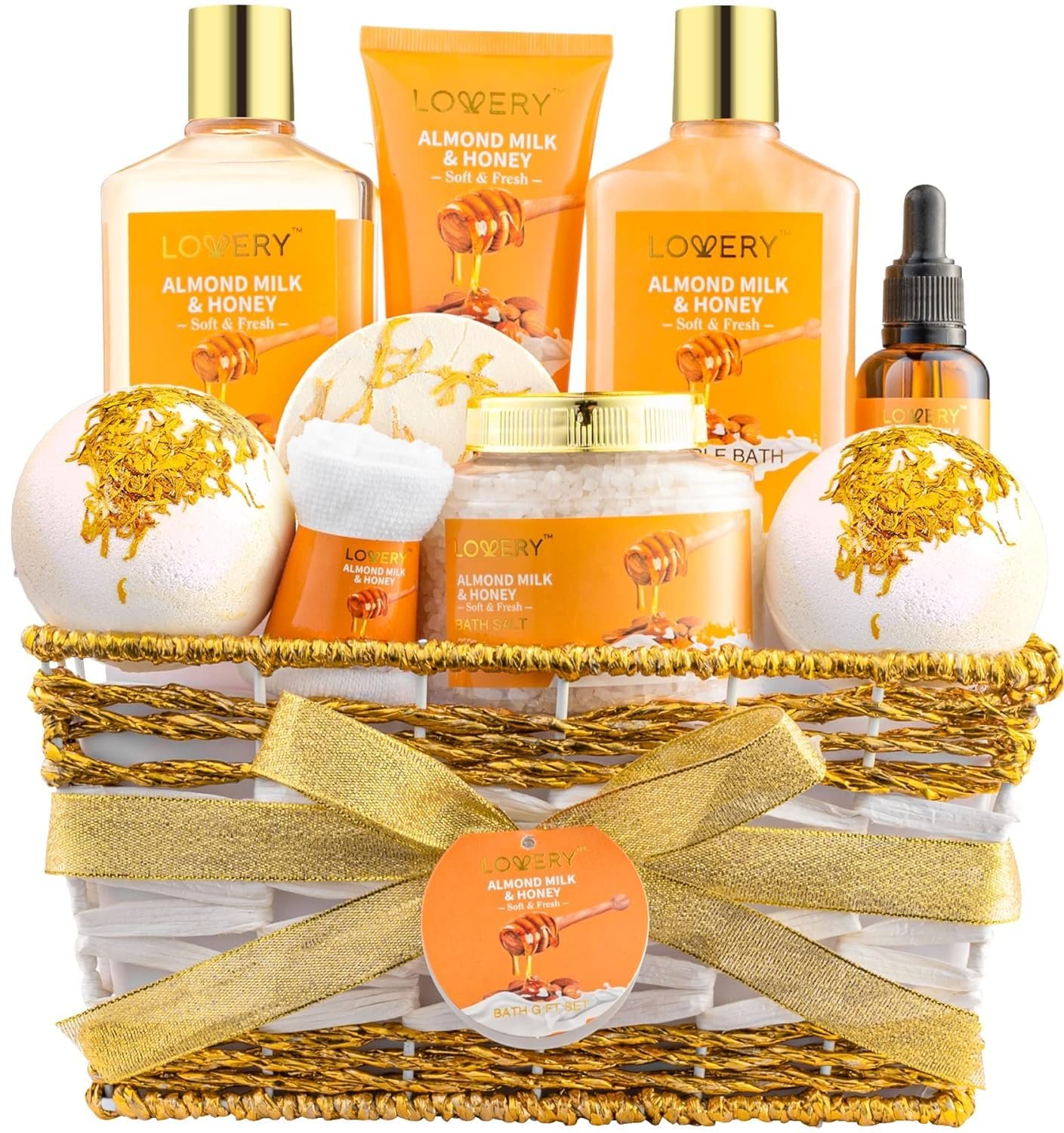 Christmas Gifts for Women Gift Basket for Women – 10 Pc Almond Milk & Honey Beauty & Personal Care Set – Home Bath Pampering Package for Relaxing – Spa Self Care Kit – Birthday, Mom, Anniversary Gift