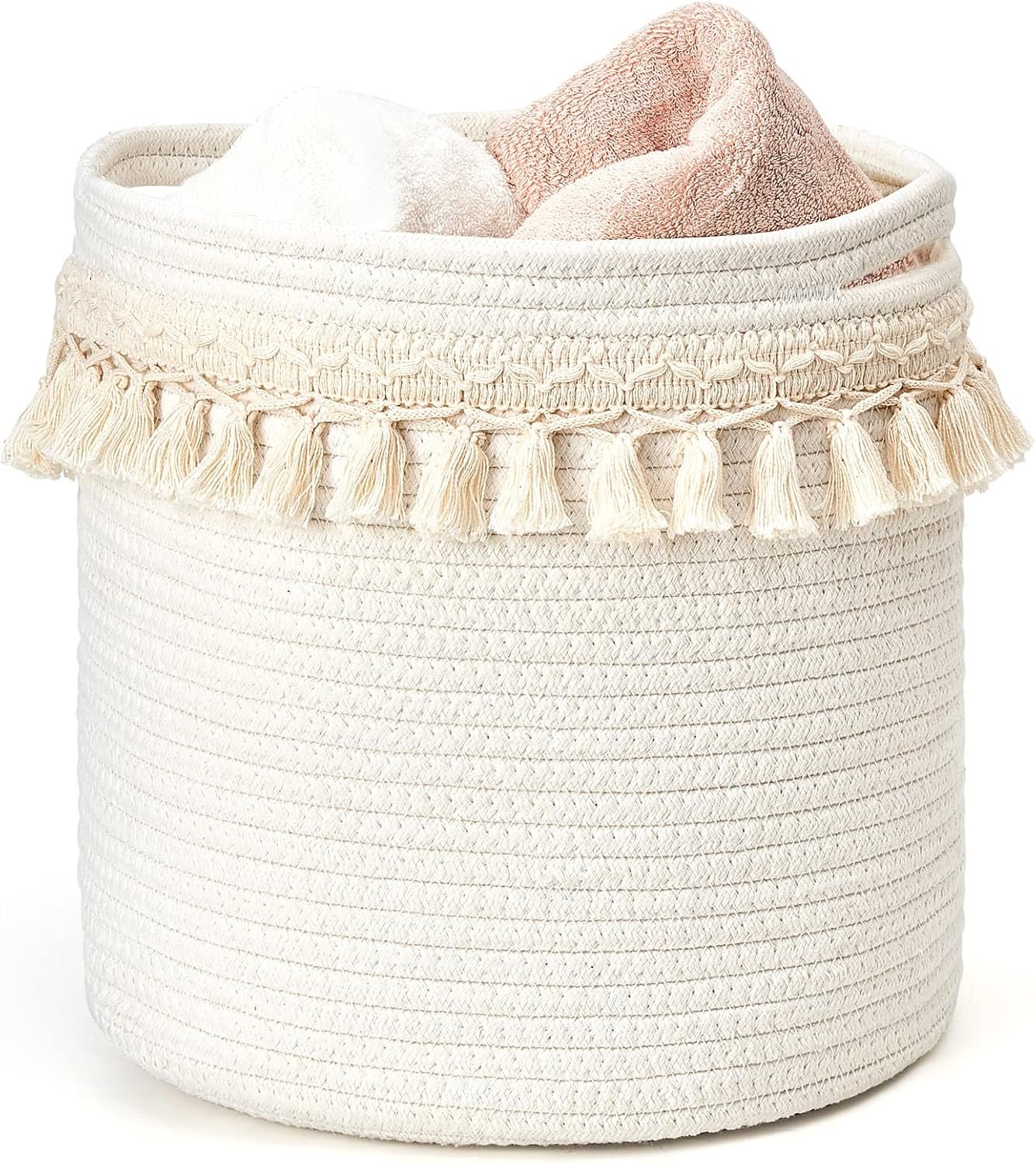 Mkono Macrame Decorative Cotton Rope Basket Boho Nursery Decor Small Cute Woven Tassel Closet Storage Bins Organizer for Baby Toys,Magazines, Potted Plants Cover,Living Room,Bedroom, 11″x11″