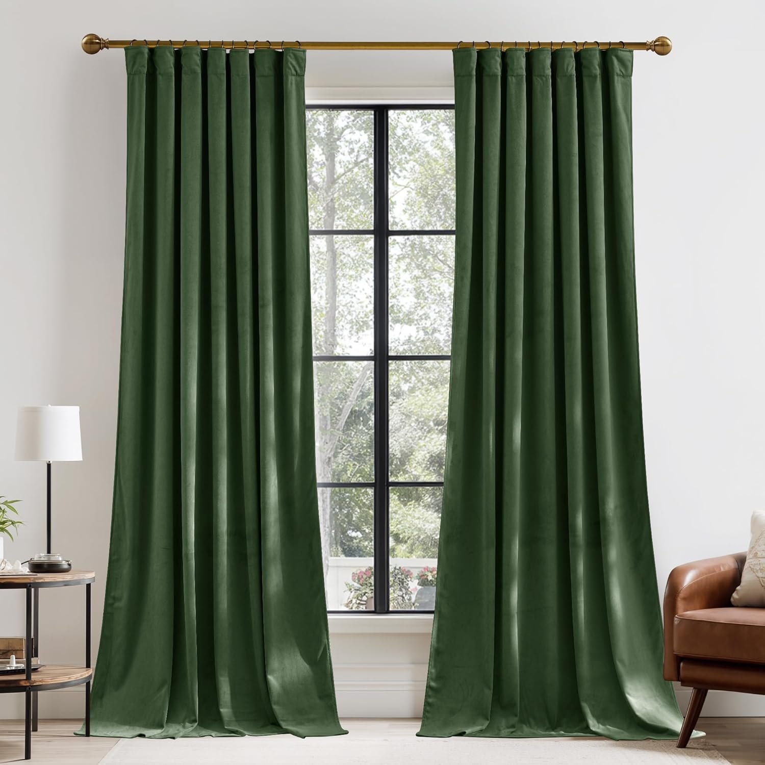 RYB HOME Olive Green Velvet Blackout Curtains, Fresh Modern Luxury Decor Thermal Insulated Privacy Protect Noise Reducing Drapes with Hook Belt for Nursery Office, 52″ W x L90 L, 2 Panels Set