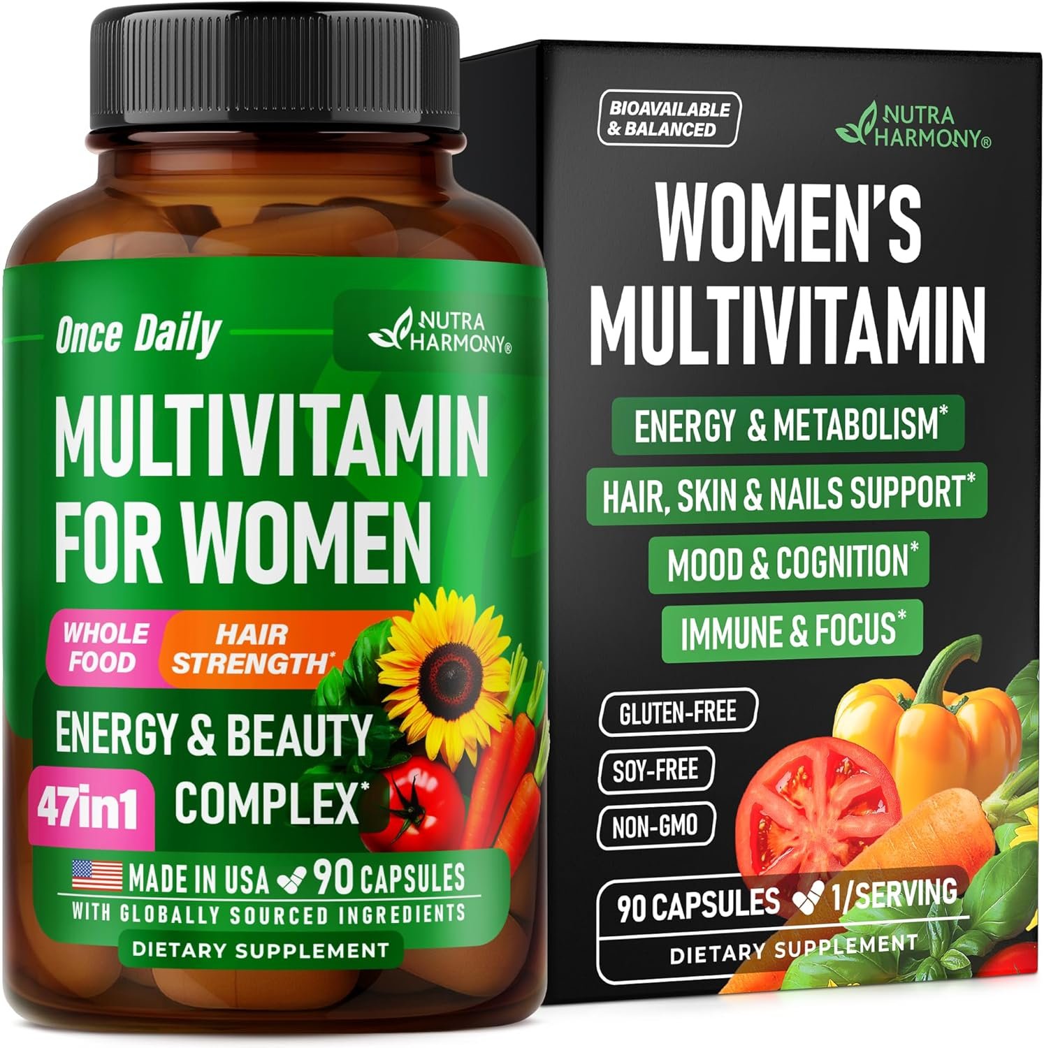 Multivitamin for Women – B-Complex | Whole Foods | Hair Growth Support | Digestion & Metabolism | Iron – 47in1 Womens Multivitamin – Bioavailable & Gentle on Stomach – Made in USA – 90 Capsules
