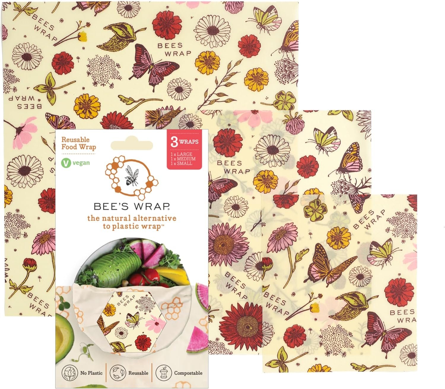 Bee’s Wrap Vegan Beeswax Wraps for Food – Made in USA Reusable & Organic Food Wraps, Sandwich Wrap & Bowl Covers – Eco Alternative to Aluminum Foil & Plastic Wrap, Vegan Meadow Magic 3 Pack (S, M, L)