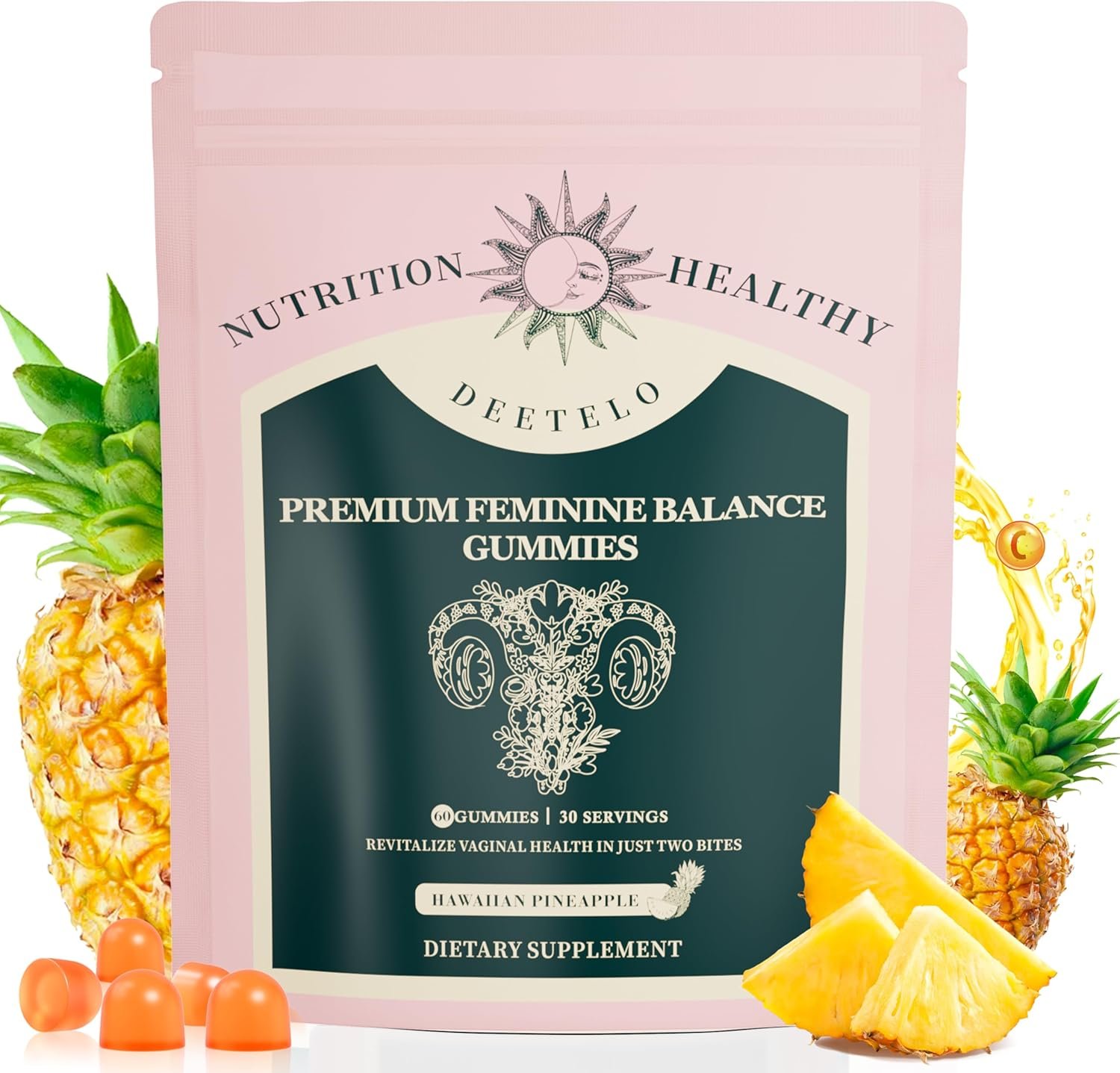 Premium Feminine Balance Gummies for Women – Hawaiian Pineapple Flavor for Women pH Balance & Digestive Health, Immune Support, Non-GMO, Vegetarian Friendly – 60 C