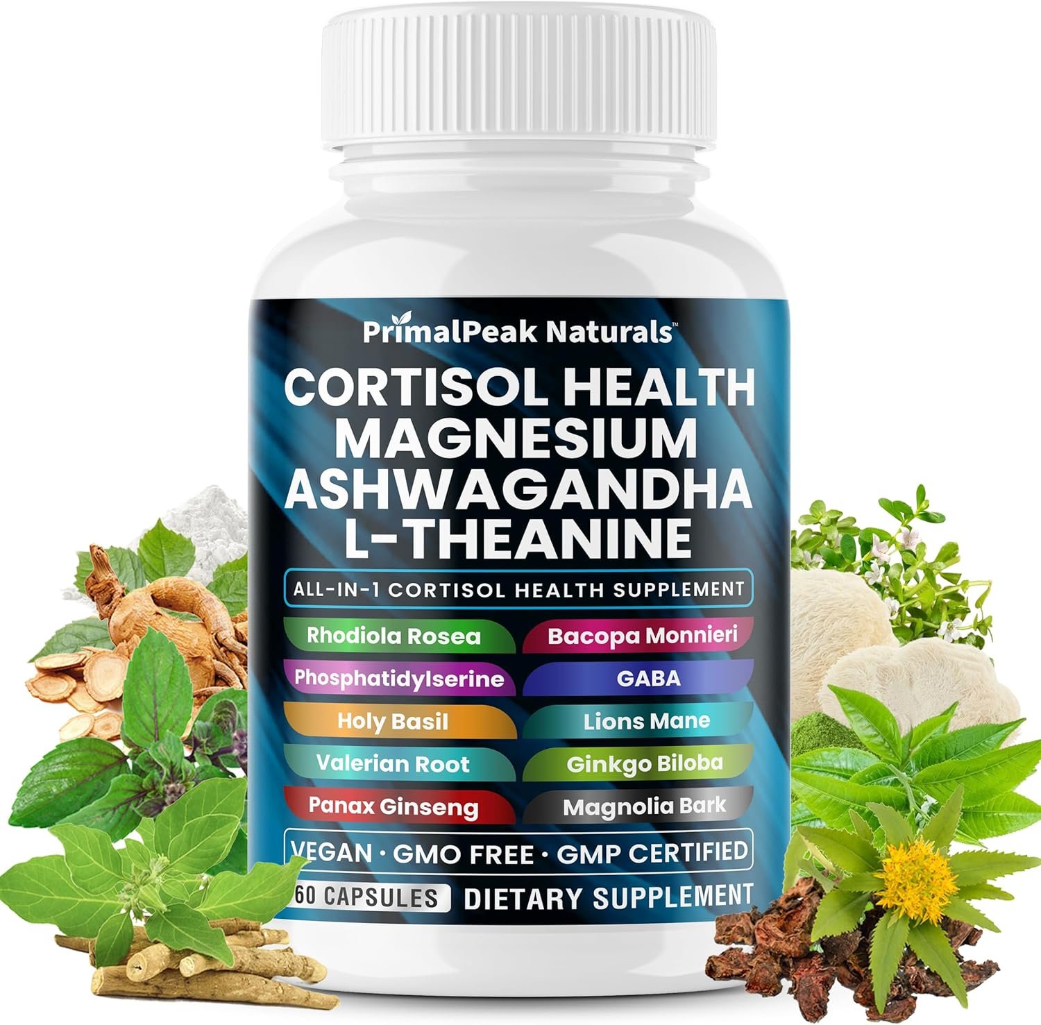 Cortisol Supplements for Women and Men with Magnesium, Ashwagandha, Rhodiola Rosea, L-Theanine for Cortisol Reducer, Stress Relief and Sleep Support Vegan Capsules – 60 Count