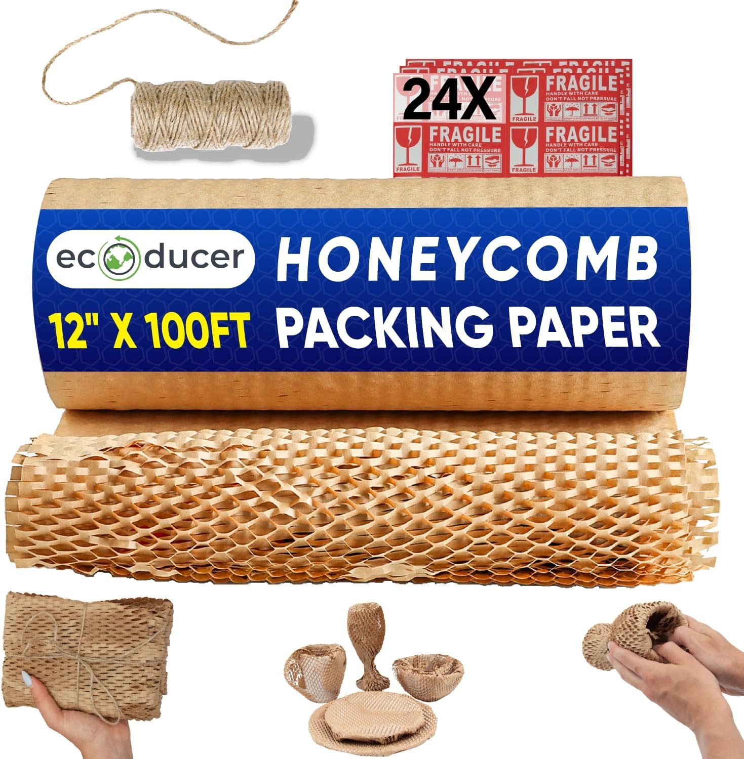 12”x100ft Honeycomb Packing Paper for Moving Supplies with 24 Fragile Stickers &100 ft Jute Twine. Eco Friendly Packing Material for Packing Fragile Items. Biodegradable Shipping Supplies.