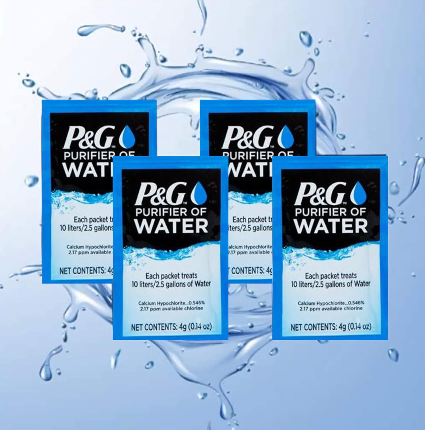 P&G Purifier of Water Portable Water Purifier Packets. Emergency Water Filter Purification Powder Packs for Camping, Hiking, Backpacking, Hunting, and Traveling. (4 Packets)